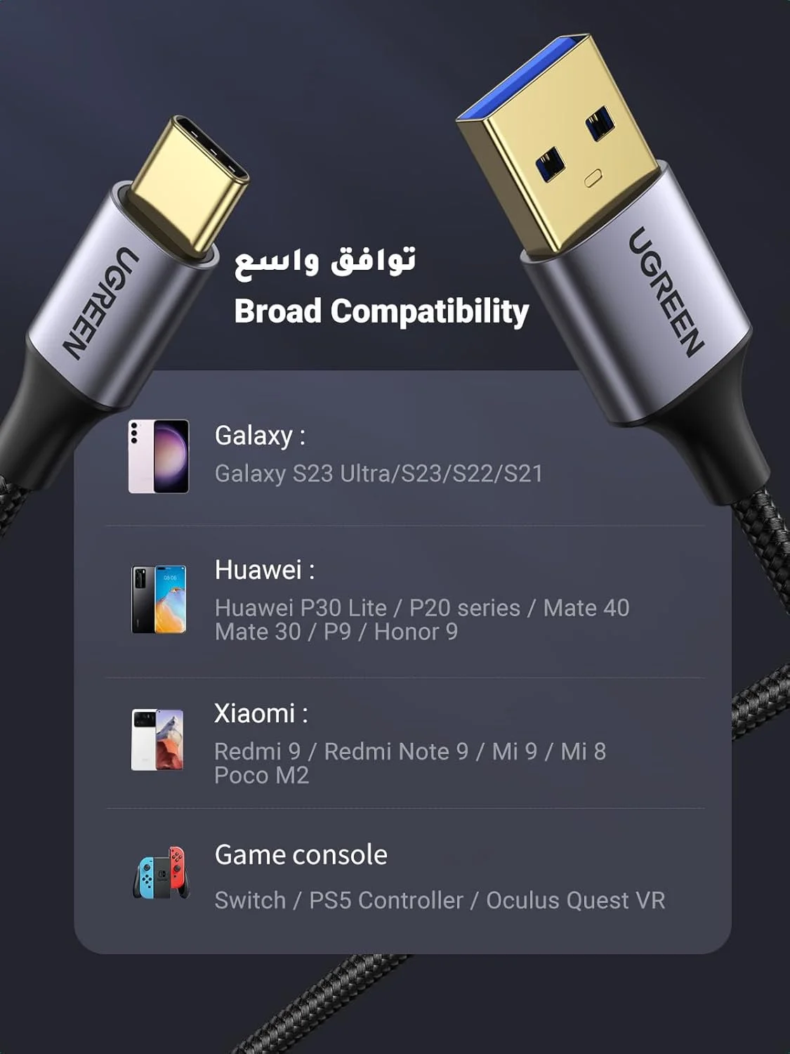 کابل USB A به USB C 3.0 یوگرین 1 متری، کابل شارژ سریع Type C با سرعت انتقال داده 5 گیگابیت بر ثانیه سازگار با Galaxy S25 Ultra، iPhone 17-15، Note 20 Ultra، Huawei P70 Pro، iPad Mini 7/Switch/PS5 Controller کابل USB A به USB C 3.0 یوگرین 1 متری، کابل شارژ سریع Type C با سرعت انتقال داده 5 گیگابیت بر ثانیه سازگار با Galaxy S25 Ultra، iPhone 17-15، Note 20 Ultra، Huawei P70 Pro، iPad Mini 7/Switch/PS5 Controller