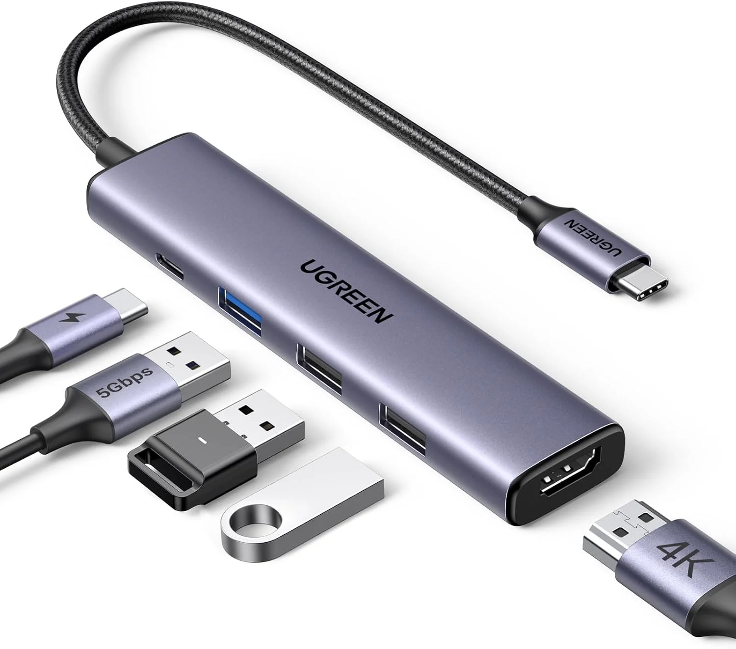 هاب USB C یوگرین Revodok با شارژ 100W PD [کابل بافته شده]، آداپتور Type C به HDMI 4K30Hz، 3 پورت داده USB A، هاب چند پورت برای آیفون 17، ویندوز، مک بوک، تبلت، مانیتور iPad/Air، پروژکتور