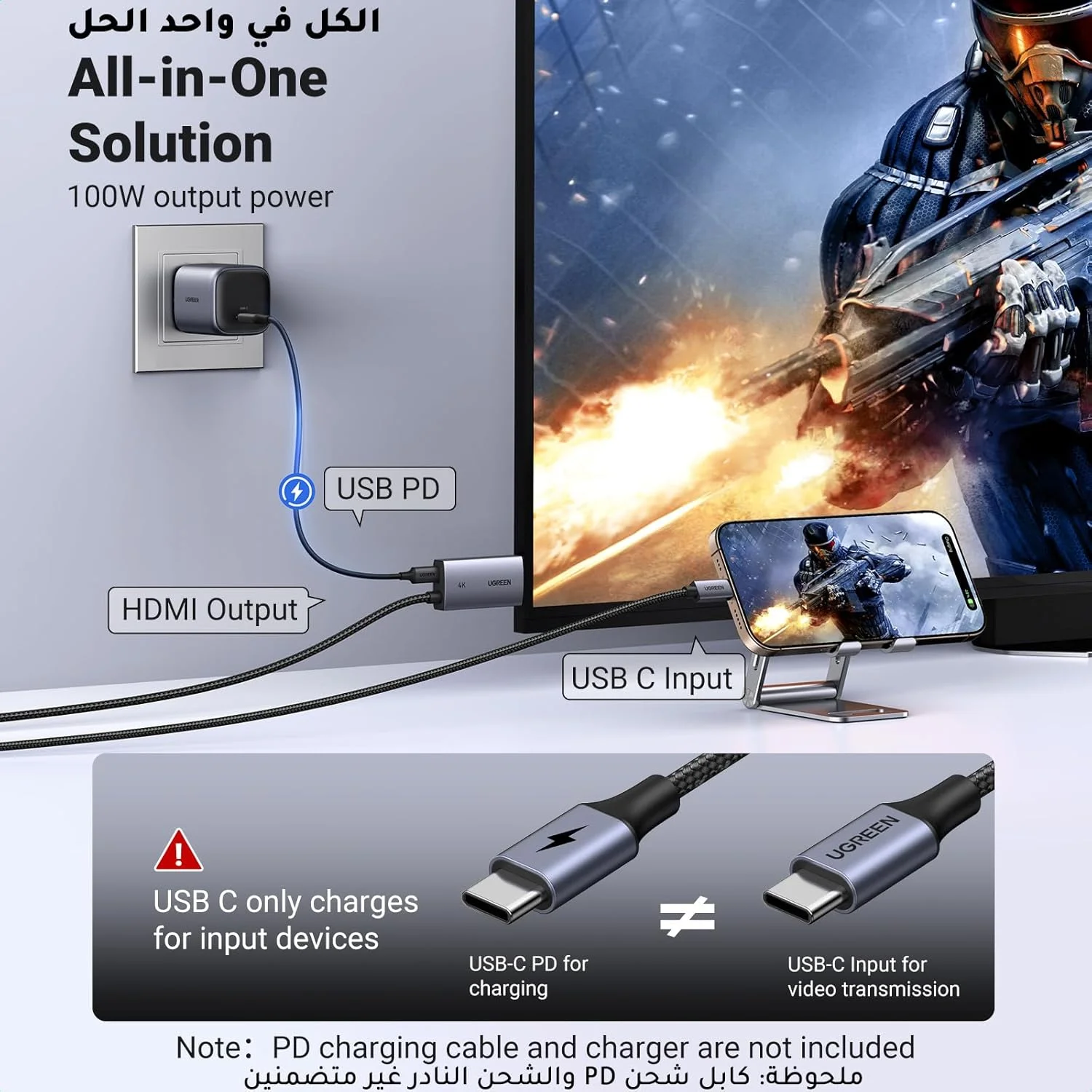 کابل USB C به HDMI یوگرین 2 متری با آداپتور شارژ سریع 100 واتی PD، 4K 60 هرتز، یک طرفه، سازگار با سری iPhone 17/16/15، سری Galaxy S24 /S23، iPad Pro/Air 2024، MacBook Pro/Air کابل USB C به HDMI یوگرین 2 متری با آداپتور شارژ سریع 100 واتی PD، 4K 60 هرتز، یک طرفه، سازگار با سری iPhone 17/16/15، سری Galaxy S24 /S23، iPad Pro/Air 2024، MacBook Pro/Air