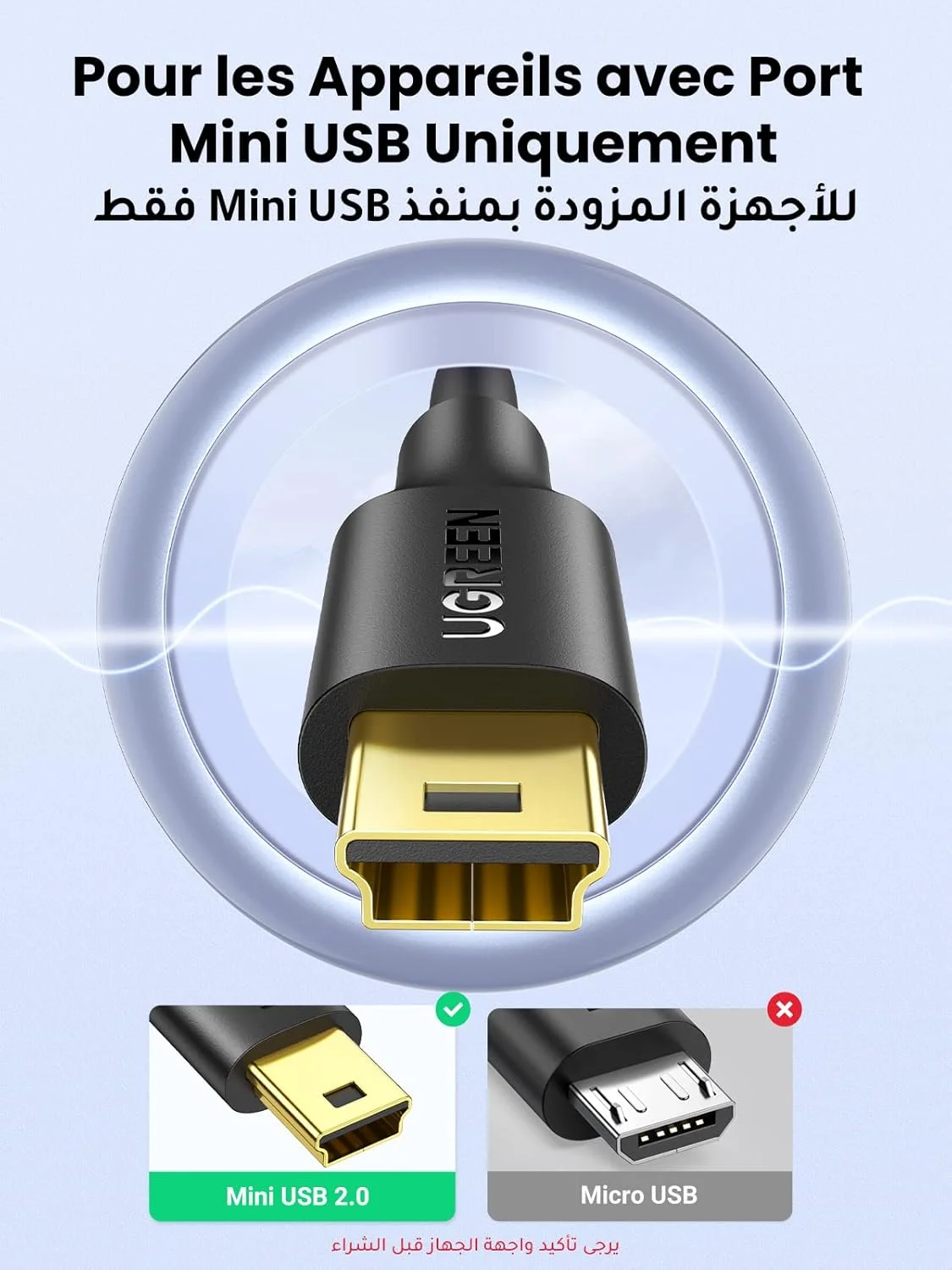 کابل مینی USB یوگرین 1 متری USB 2.0 نوع A به مینی B، سازگار با دوربین های دیجیتال، مسیریاب GPS، PDA و غیره