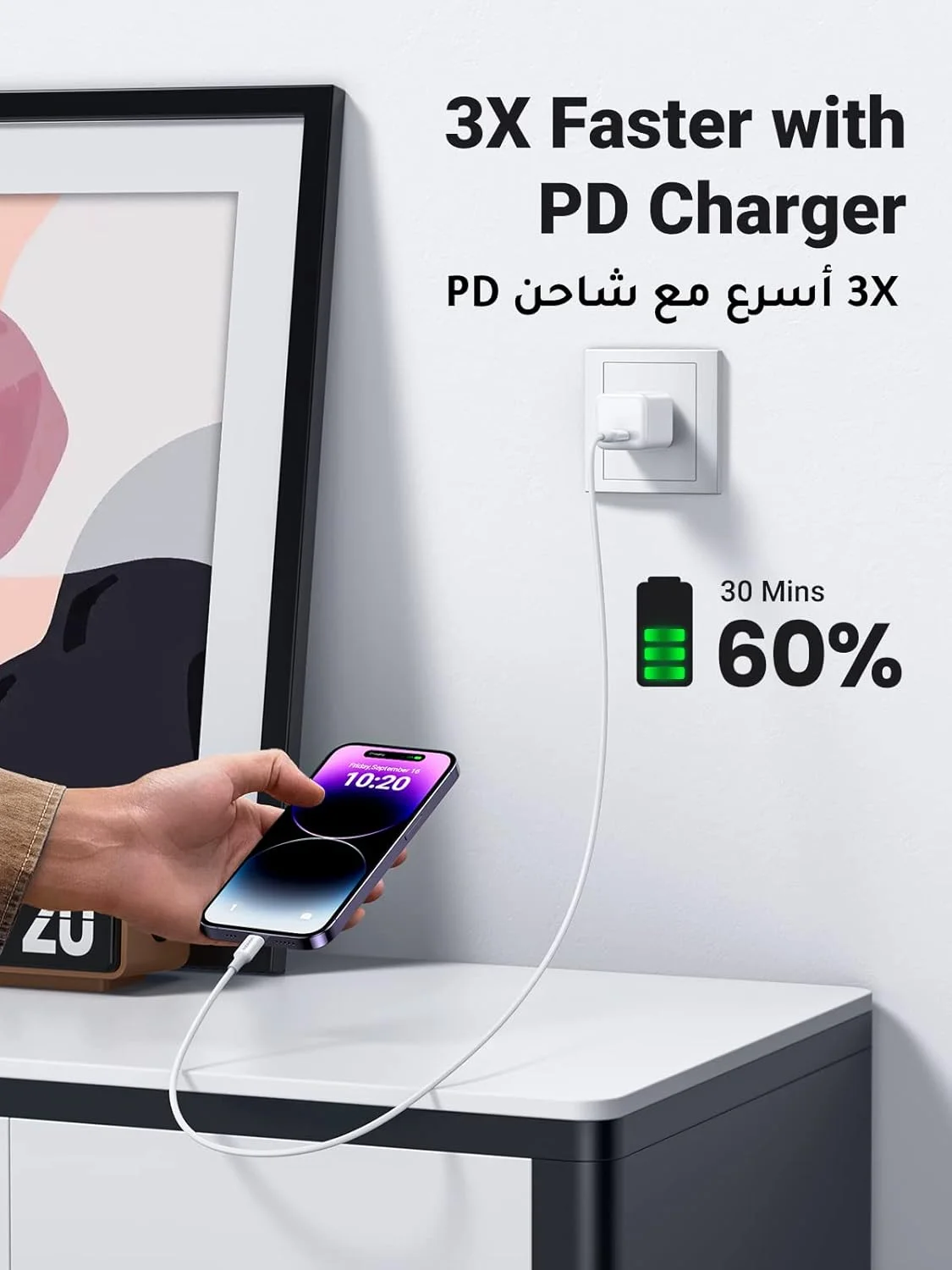 کابل شارژ آیفون UGREEN طول 2 متر، کابل USB-C به لایتنینگ با قابلیت شارژ سریع Power Delivery PD 20W برای آیفون 14/14 Pro/Plus/ Pro Max، سری 8-13 و آیپد - سفید