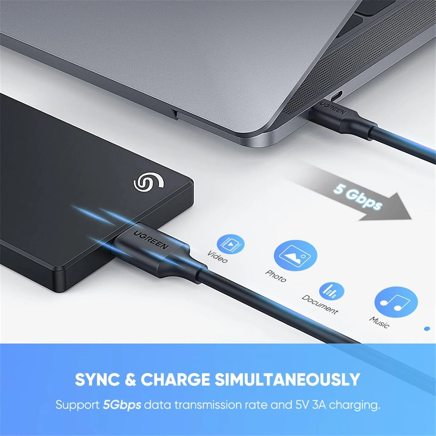 کابل هارد اکسترنال USB-C یوگرین، 0.25 متری، Micro B به Type C، سازگار با USB 3.0 برای هارد SSD و HDD اکسترنال قابل حمل مانند WD My Passport، Seagate Expansion/Backup Plus، Toshiba Canvio، LaCie Rugged، Maxtor، Samsung