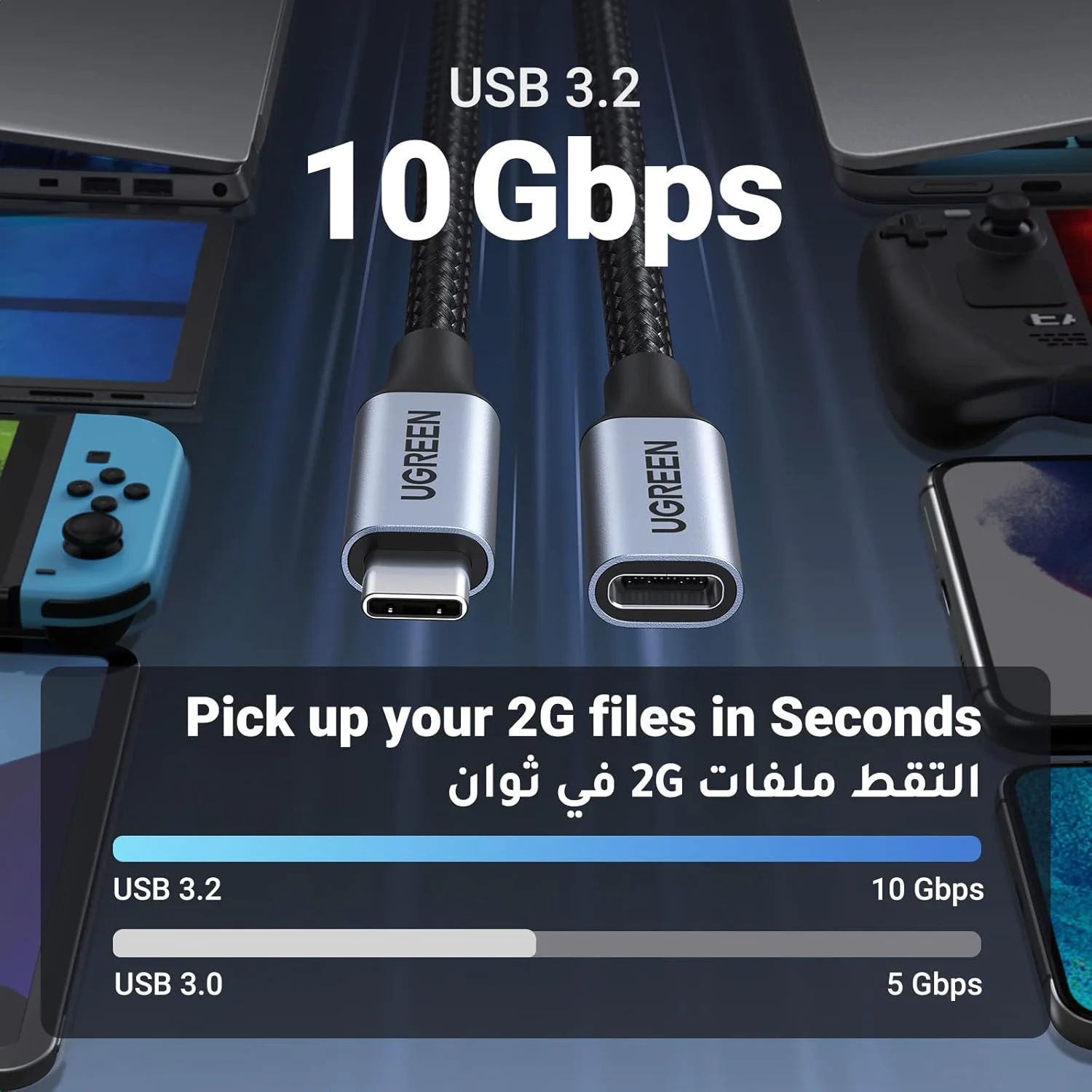 کابل افزایش طول USB C یوگرین، 1 متری با روکش بافته شده 【انتقال داده 10 گیگابیت بر ثانیه】 سیم افزایش طول Type C سازگار با آیفون 16 پرو مکس، سامسونگ S24 اولترا، مک بوک، نینتندو سوییچ، هاب