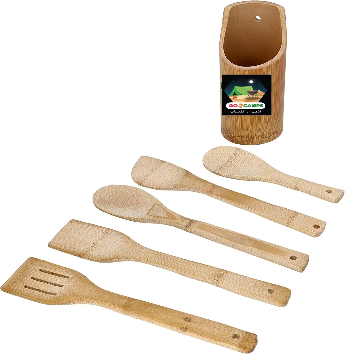 ست ابزار آشپزخانه 5 تکه بامبو ارگانیک الصقر - کفگیر، برگردان، کفگیر شیاردار، قاشق سرو، قاشق برنج و نگهدارنده - ست ابزار آشپزخانه نچسب - ابزار پخت و پز ضد خش