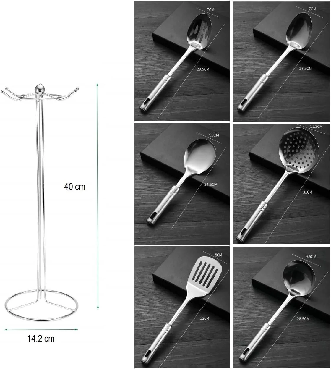 ست ۷ تکه ابزار آشپزخانه استیل ضد زنگ – ابزار آشپزی نقره‌ای چند منظوره با پایه نگهدارنده، لوازم آشپزی بادوام، ست هدیه برای آشپزی و سرآشپزهای خانگی (ست ۷ تکه)