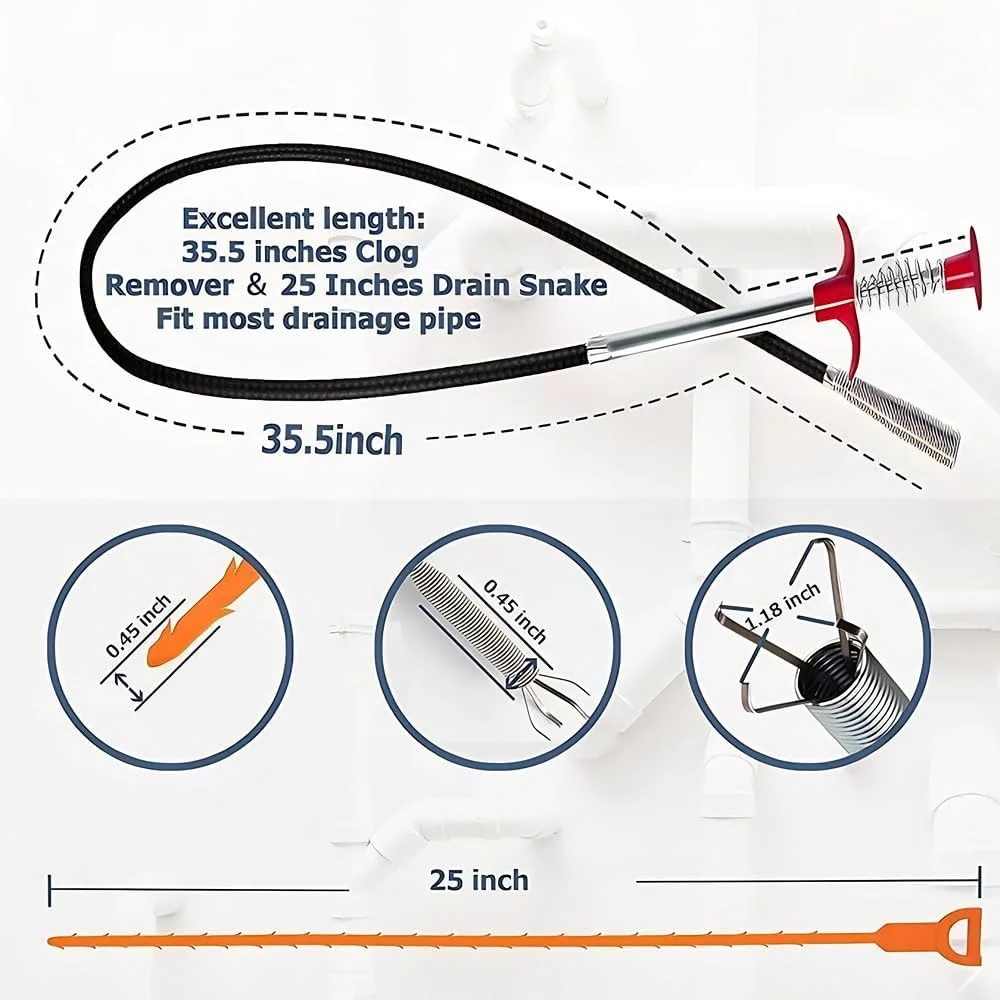 ابزار رفع گرفتگی لوله 90 سانتی‌متری، ابزار مار لوله 63 سانتی‌متری، مجموعه ابزار تمیز کننده لوله برای توالت، سینک آشپزخانه، وان حمام، فاضلاب، 7 عددی
