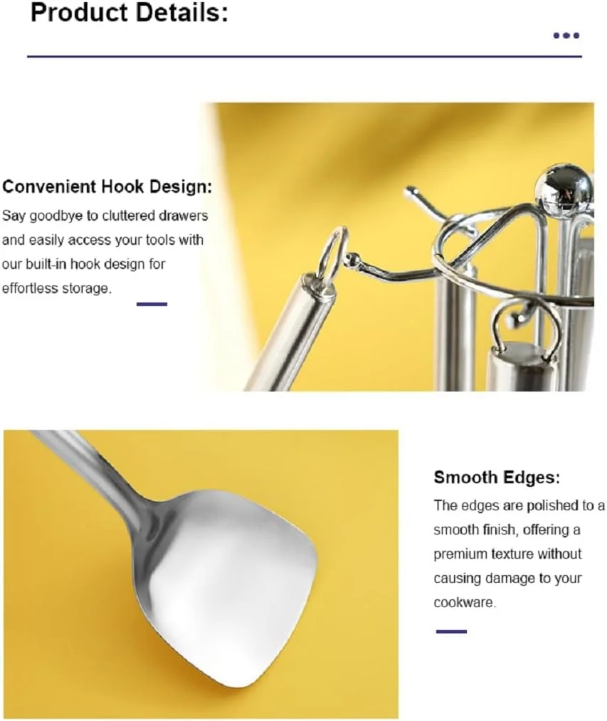 ست ۷ تکه ابزار آشپزخانه استیل ضد زنگ – ابزار آشپزی نقره‌ای چند منظوره با پایه نگهدارنده، لوازم آشپزی بادوام، ست هدیه برای آشپزی و سرآشپزهای خانگی (ست ۷ تکه)