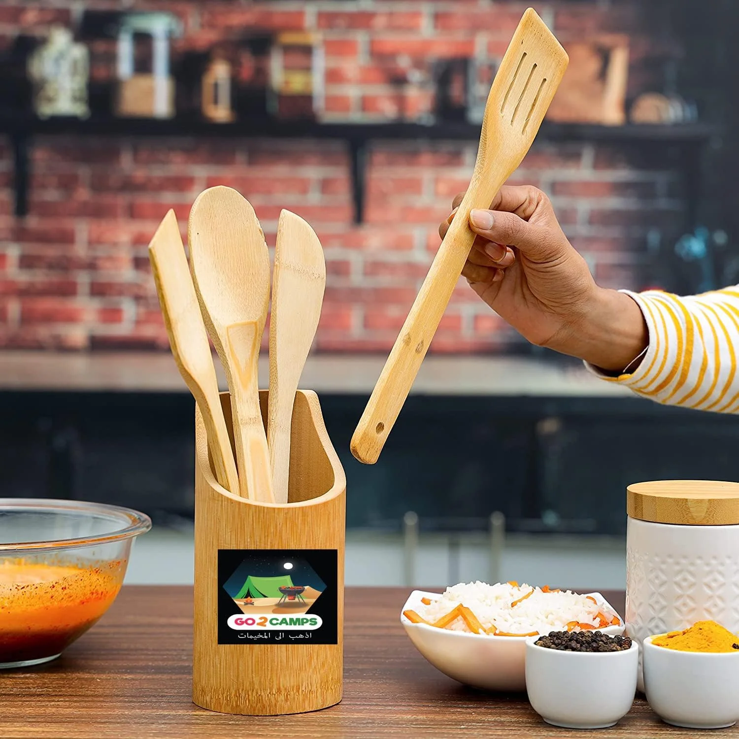 ست ۵ تکه ابزار آشپزخانه بامبو ارگانیک الصقر - کفگیر، برگردان، کفگیر شیاردار، قاشق سرو، قاشق برنج و نگهدارنده - ست ابزار آشپزخانه نچسب - ابزار پخت و پز ضد خش