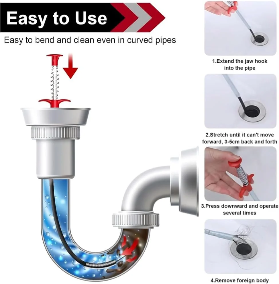 ابزار رفع گرفتگی لوله 90 سانتی‌متری، ابزار مار لوله 63 سانتی‌متری، مجموعه ابزار تمیز کننده لوله برای توالت، سینک آشپزخانه، وان حمام، فاضلاب، 7 عددی