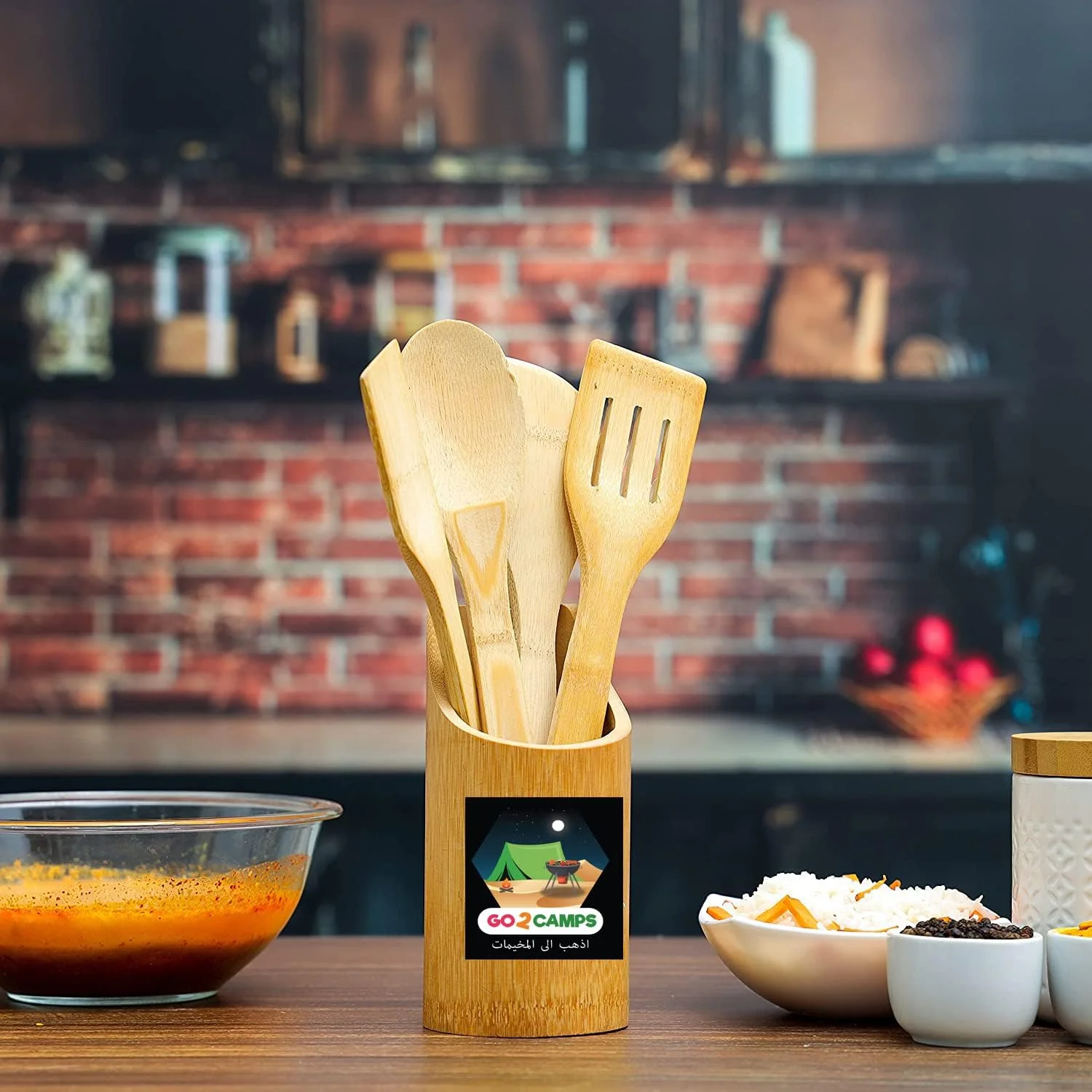 ست ۵ تکه ابزار آشپزخانه بامبو ارگانیک الصقر - کفگیر، برگردان، کفگیر شیاردار، قاشق سرو، قاشق برنج و نگهدارنده - ست ابزار آشپزخانه نچسب - ابزار پخت و پز ضد خش