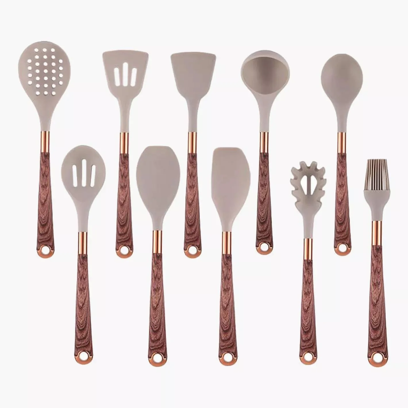 ست لوازم آشپزخانه ۱۱ پارچه شیک | سیلیکون درجه مواد غذایی | دسته های PP | مقاوم در برابر حرارت، نچسب | شامل کفگیر، برس، قاشق و سطل ست لوازم آشپزخانه ۱۱ پارچه شیک | سیلیکون درجه مواد غذایی | دسته های PP | مقاوم در برابر حرارت، نچسب | شامل کفگیر، برس، قاشق و سطل