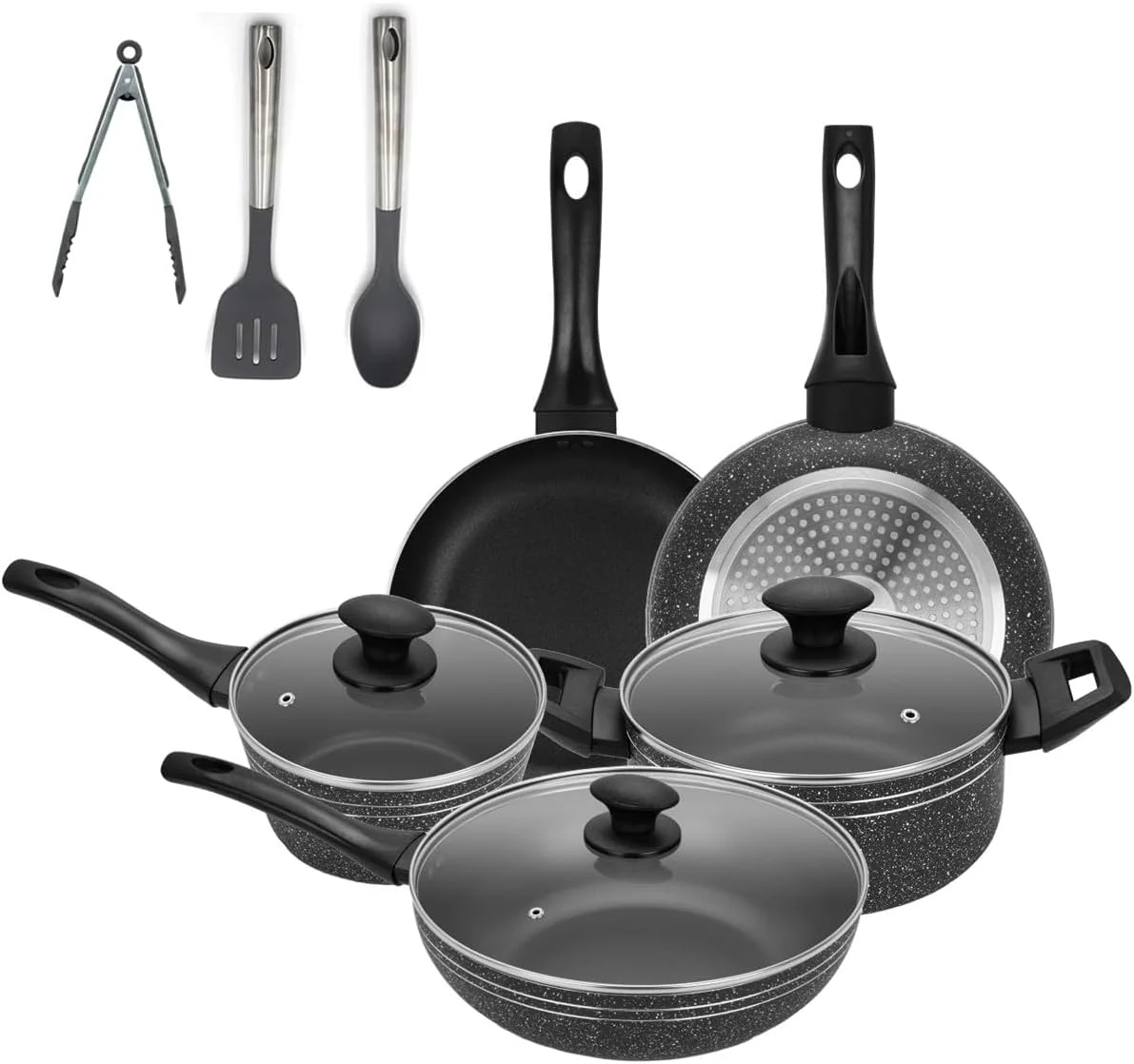 ست ۱۰ پارچه ظروف پخت و پز نچسب Auroware، کف القایی، آلومینیوم فشرده شامل: تابه وک با درب، قابلمه با درب، تابه سرخ کردنی، شیرجوش با درب و ابزار آشپزخانه ست ۱۰ پارچه ظروف پخت و پز نچسب Auroware، کف القایی، آلومینیوم فشرده شامل: تابه وک با درب، قابلمه با درب، تابه سرخ کردنی، شیرجوش با درب و ابزار آشپزخانه