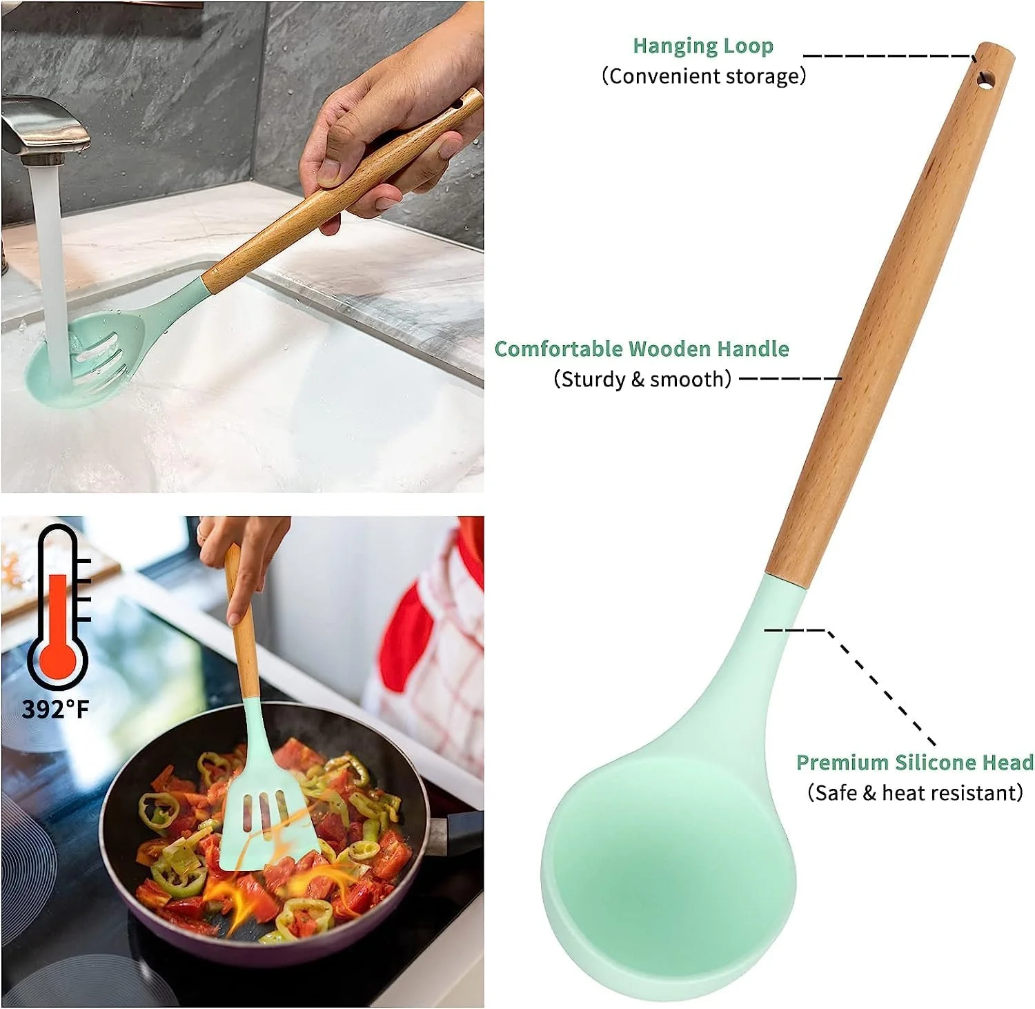 ست لوازم آشپزی سیلیکونی AWH - ۱۲ تکه ابزار پخت و پز مقاوم در برابر حرارت برای ظروف نچسب، کیت پخت آسان با نگهدارنده - سبز