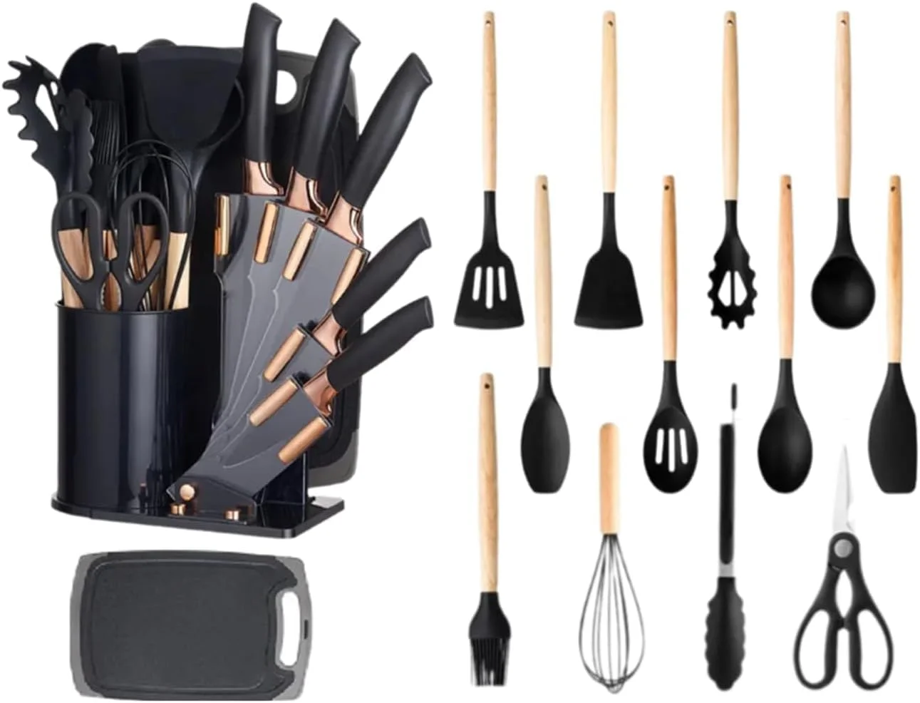 ست ۱۹ تکه ابزار آشپزی AWH برای آشپزهای خانگی – ابزار سیلیکونی مقاوم در برابر حرارت، ست چاقوی استیل ضد زنگ، تخته برش و ارگانایزر – لوازم ضروری آشپزی بادوام و شیک ست ۱۹ تکه ابزار آشپزی AWH برای آشپزهای خانگی – ابزار سیلیکونی مقاوم در برابر حرارت، ست چاقوی استیل ضد زنگ، تخته برش و ارگانایزر – لوازم ضروری آشپزی بادوام و شیک