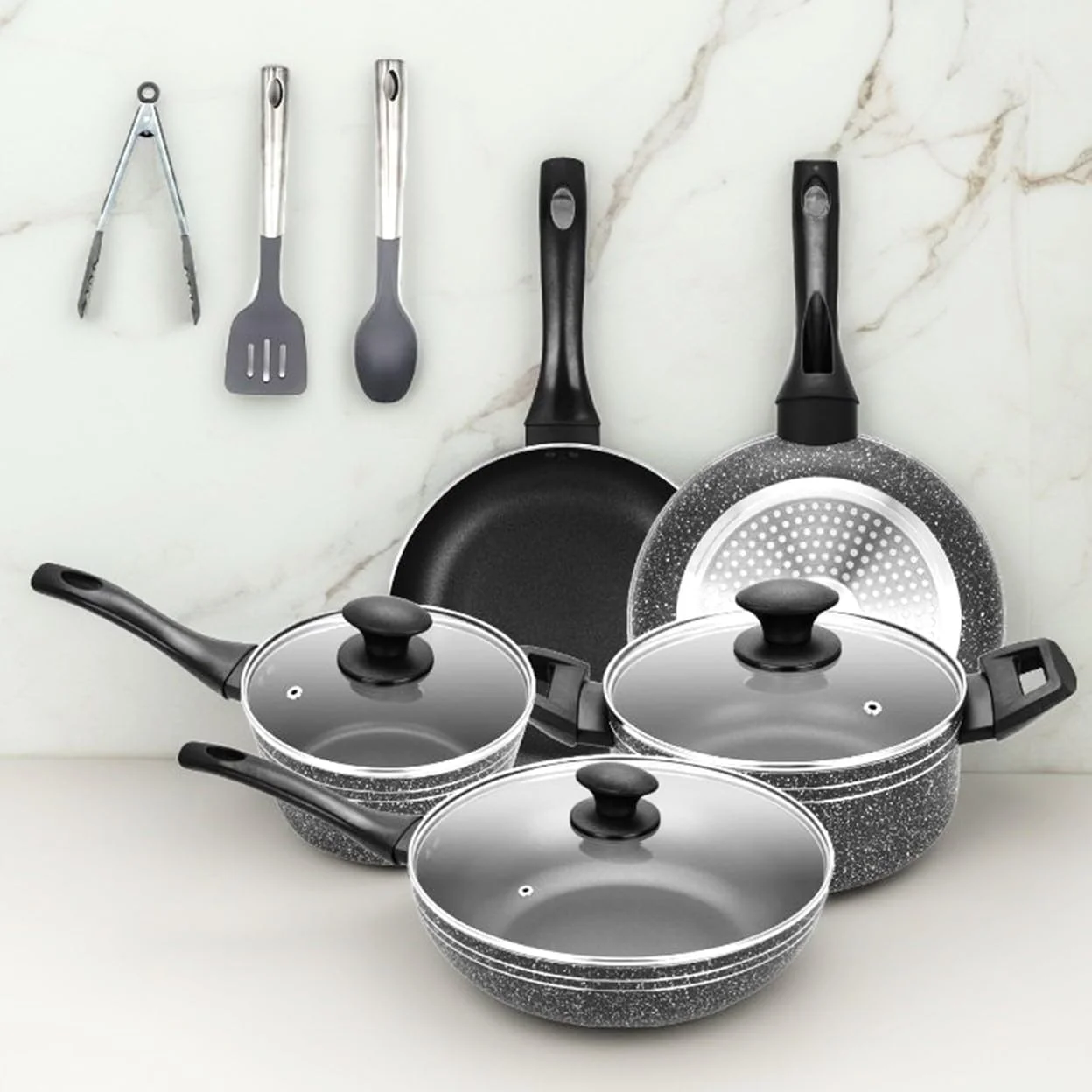 ست ۱۰ پارچه ظروف پخت و پز نچسب Auroware، کف القایی، آلومینیوم فشرده شامل: تابه وک با درب، قابلمه با درب، تابه سرخ کردنی، شیرجوش با درب و ابزار آشپزخانه ست ۱۰ پارچه ظروف پخت و پز نچسب Auroware، کف القایی، آلومینیوم فشرده شامل: تابه وک با درب، قابلمه با درب، تابه سرخ کردنی، شیرجوش با درب و ابزار آشپزخانه