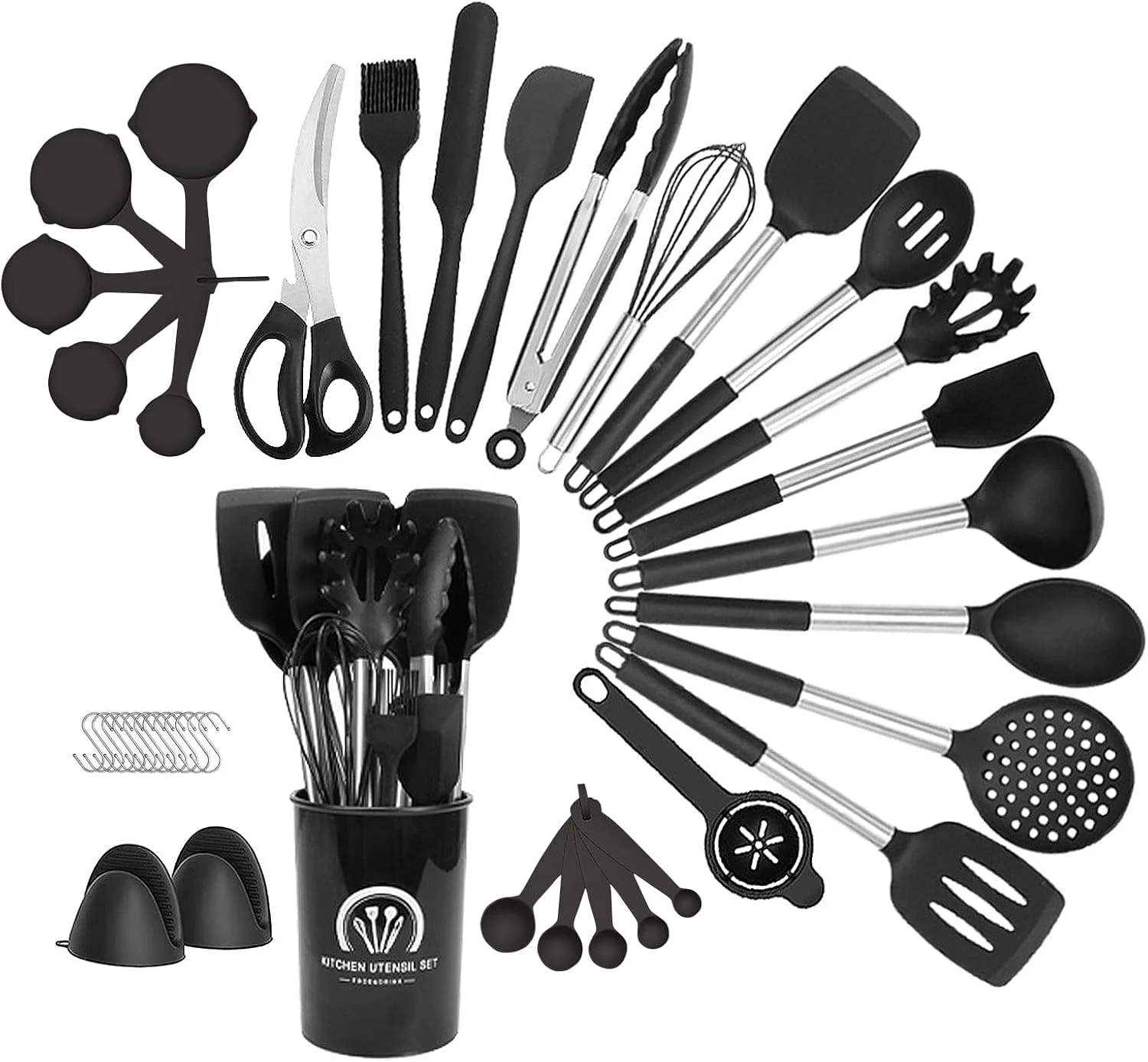 ست لوازم آشپزی آشپزخانه آرکئوپتریکس، 40 تکه سیلیکونی نچسب شامل کفگیر و ابزار آشپزی با پایه نگهدارنده، دسته استیل ضد زنگ، مقاوم در برابر حرارت (مشکی) ست لوازم آشپزی آشپزخانه آرکئوپتریکس، 40 تکه سیلیکونی نچسب شامل کفگیر و ابزار آشپزی با پایه نگهدارنده، دسته استیل ضد زنگ، مقاوم در برابر حرارت (مشکی)