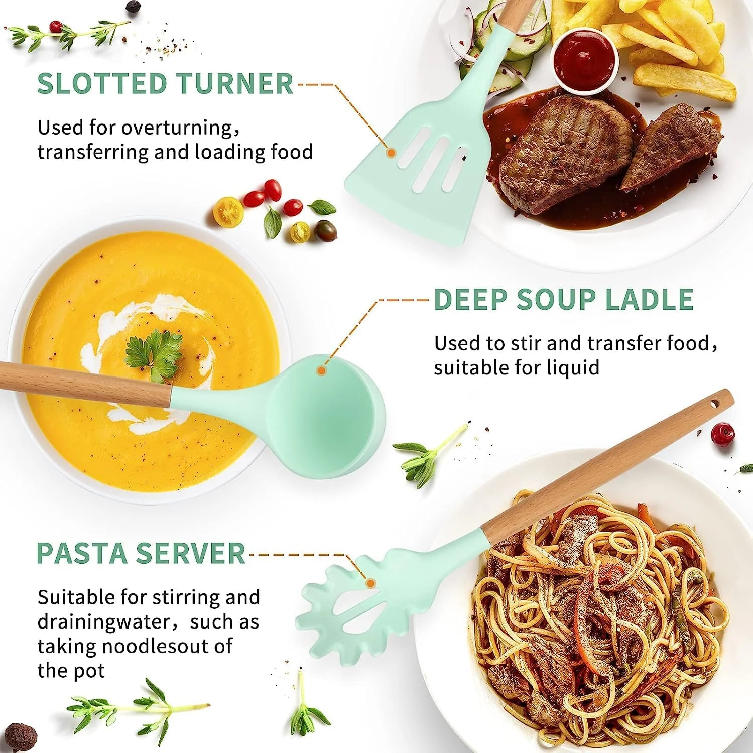 ست لوازم آشپزی سیلیکونی AWH - ۱۲ تکه ابزار پخت و پز مقاوم در برابر حرارت برای ظروف نچسب، کیت پخت آسان با نگهدارنده - سبز