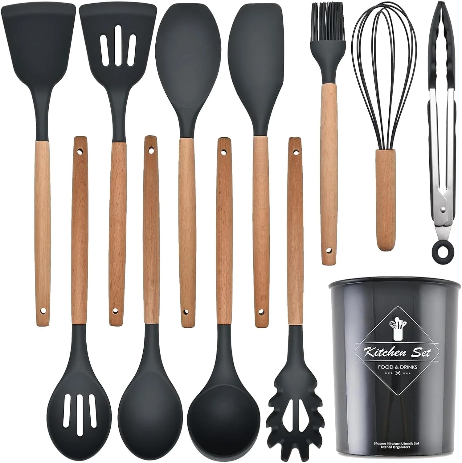 ست لوازم آشپزی سیلیکونی AWH | ست 12 تکه ابزار آشپزخانه با دسته های چوبی | مقاوم در برابر حرارت و غیر سمی | ایده آل برای ظروف نچسب - رنگ های متنوع ست لوازم آشپزی سیلیکونی AWH | ست 12 تکه ابزار آشپزخانه با دسته های چوبی | مقاوم در برابر حرارت و غیر سمی | ایده آل برای ظروف نچسب - رنگ های متنوع