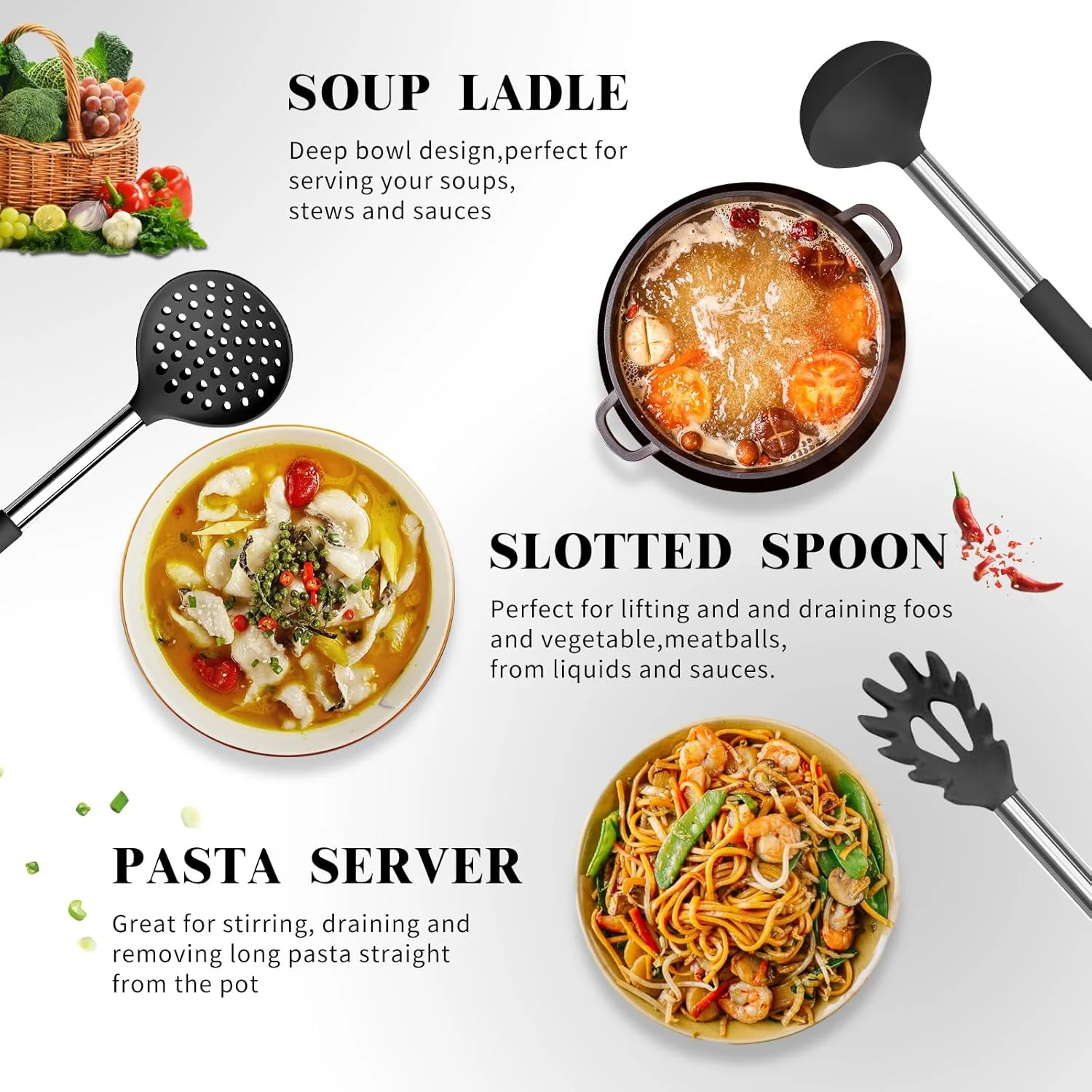 ست لوازم آشپزی آشپزخانه آرکئوپتریکس، 40 تکه سیلیکونی نچسب شامل کفگیر و ابزار آشپزی با پایه نگهدارنده، دسته استیل ضد زنگ، مقاوم در برابر حرارت (مشکی)