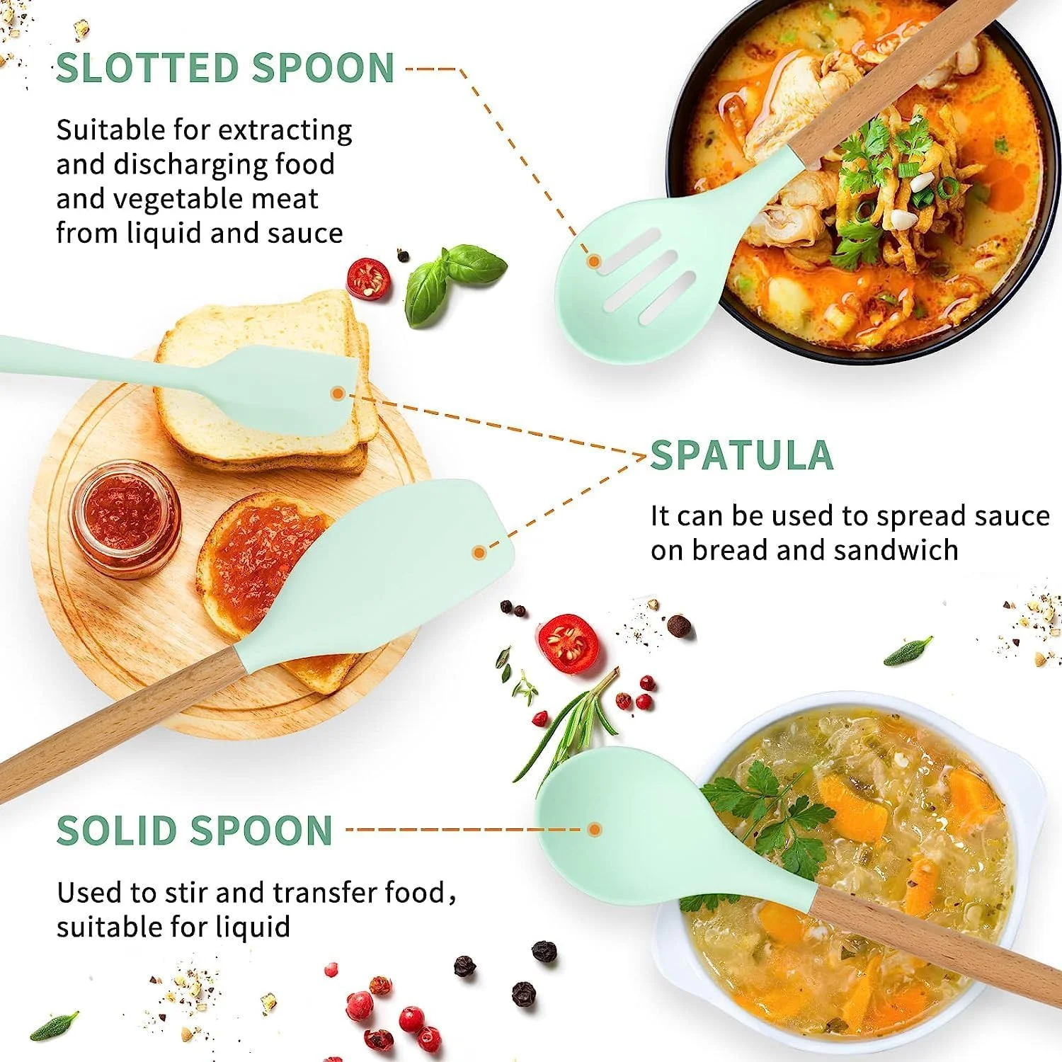 ست لوازم آشپزی سیلیکونی AWH - ۱۲ تکه ابزار پخت و پز مقاوم در برابر حرارت برای ظروف نچسب، کیت پخت آسان با نگهدارنده - سبز