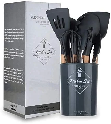 ست 12 تکه لوازم آشپزخانه AWH Newsun، ابزار آشپزی سیلیکونی شامل کفگیر، قاشق چوبی مقاوم در برابر حرارت، مناسب برای ظروف نچسب (مشکی)