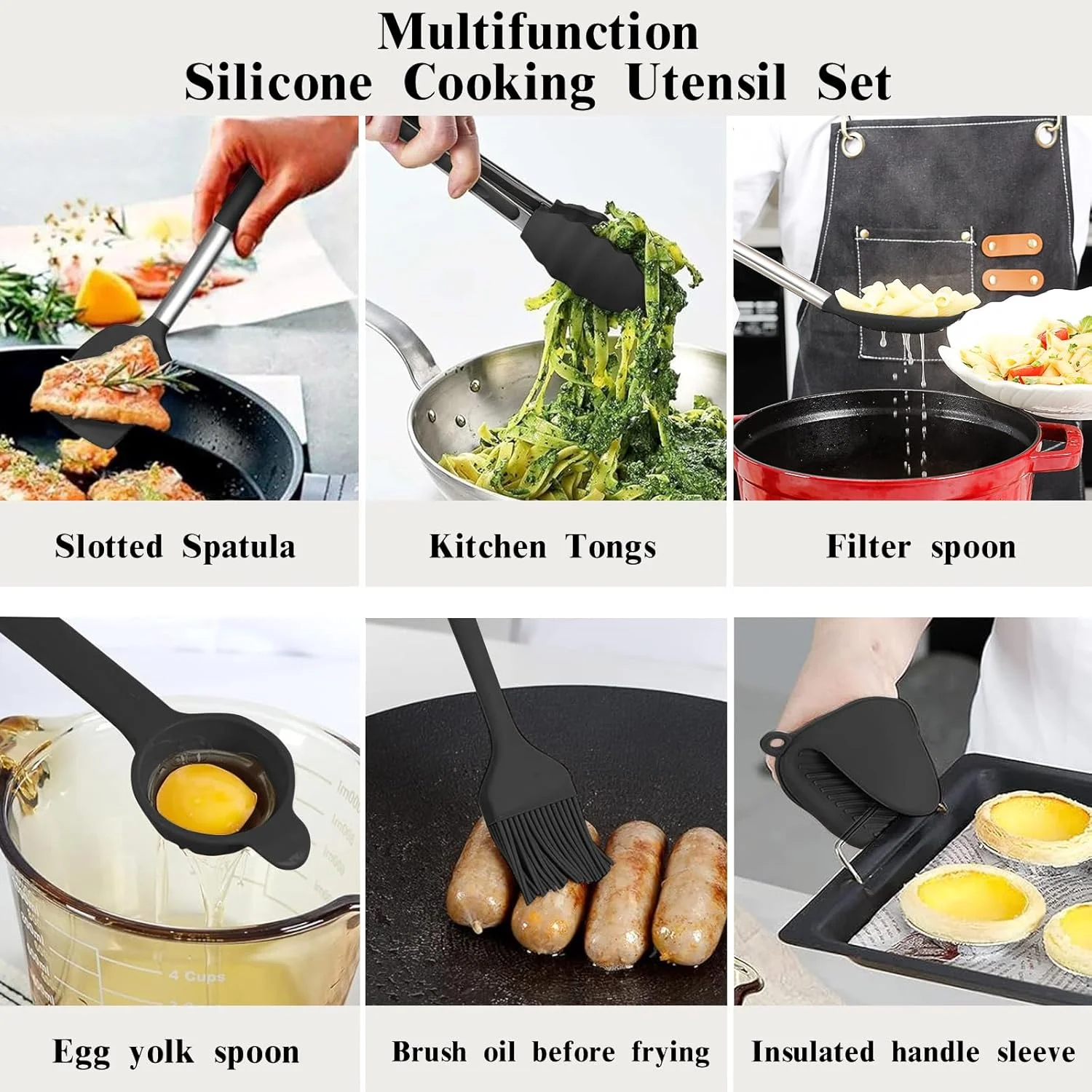 ست لوازم آشپزی آشپزخانه آرکئوپتریکس، 40 تکه سیلیکونی نچسب شامل کفگیر و ابزار آشپزی با پایه نگهدارنده، دسته استیل ضد زنگ، مقاوم در برابر حرارت (مشکی)