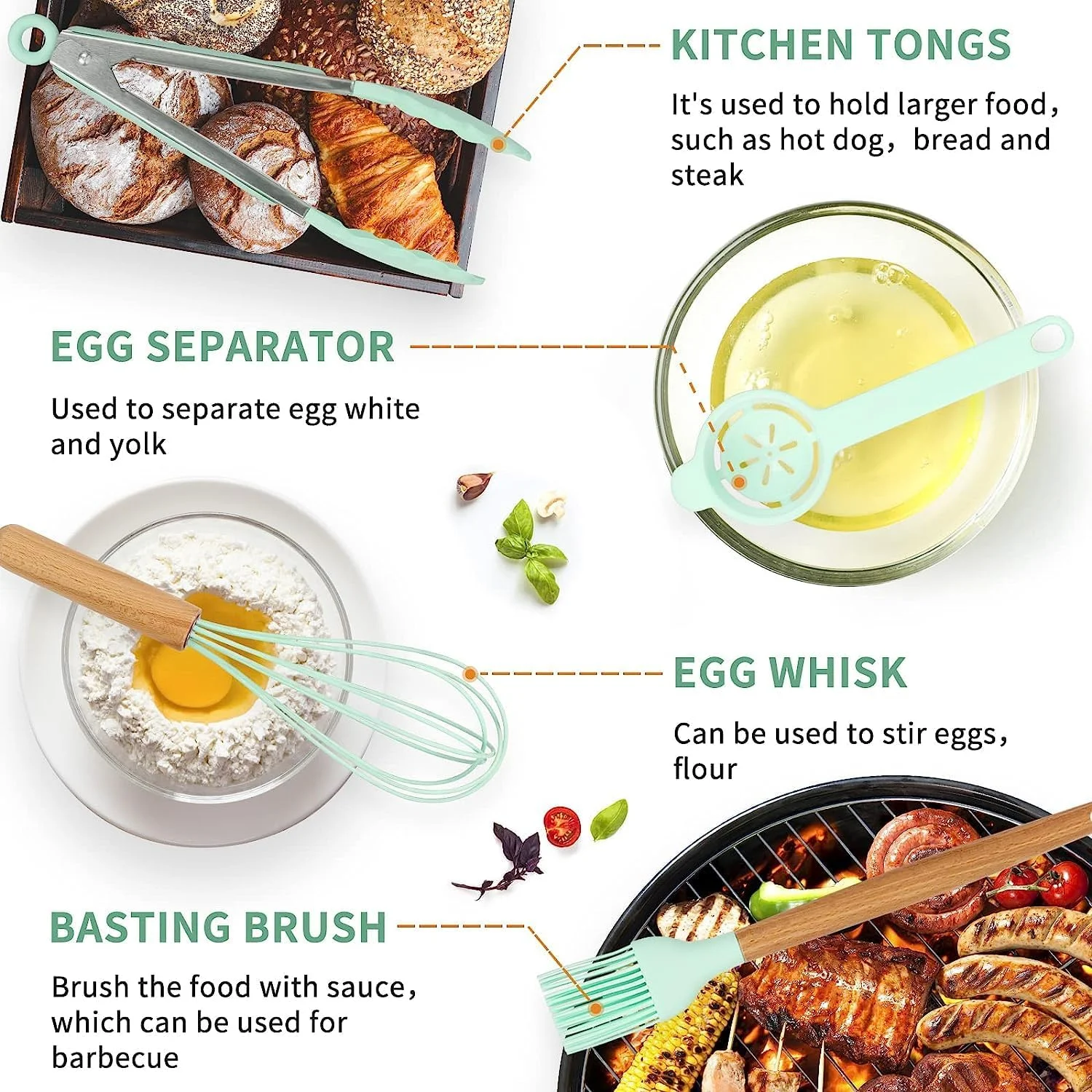 ست لوازم آشپزی سیلیکونی AWH - ۱۲ تکه ابزار پخت و پز مقاوم در برابر حرارت برای ظروف نچسب، کیت پخت آسان با نگهدارنده - سبز