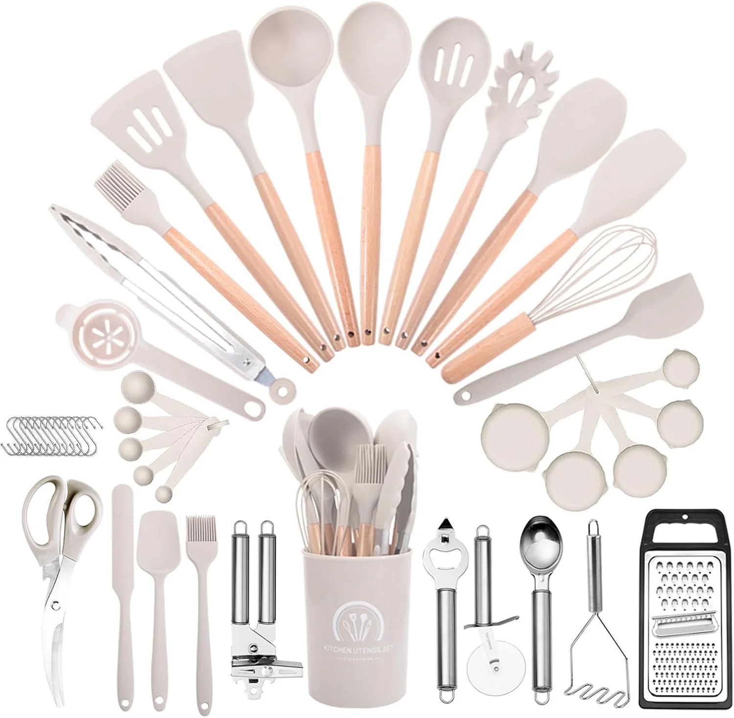 ست لوازم آشپزی آشپزخانه آرکئوپتریکس، 46 تکه سیلیکونی نچسب شامل کفگیر و ملاقه با پایه نگهدارنده، دسته چوبی مقاوم در برابر حرارت (خاکی) ست لوازم آشپزی آشپزخانه آرکئوپتریکس، 46 تکه سیلیکونی نچسب شامل کفگیر و ملاقه با پایه نگهدارنده، دسته چوبی مقاوم در برابر حرارت (خاکی)