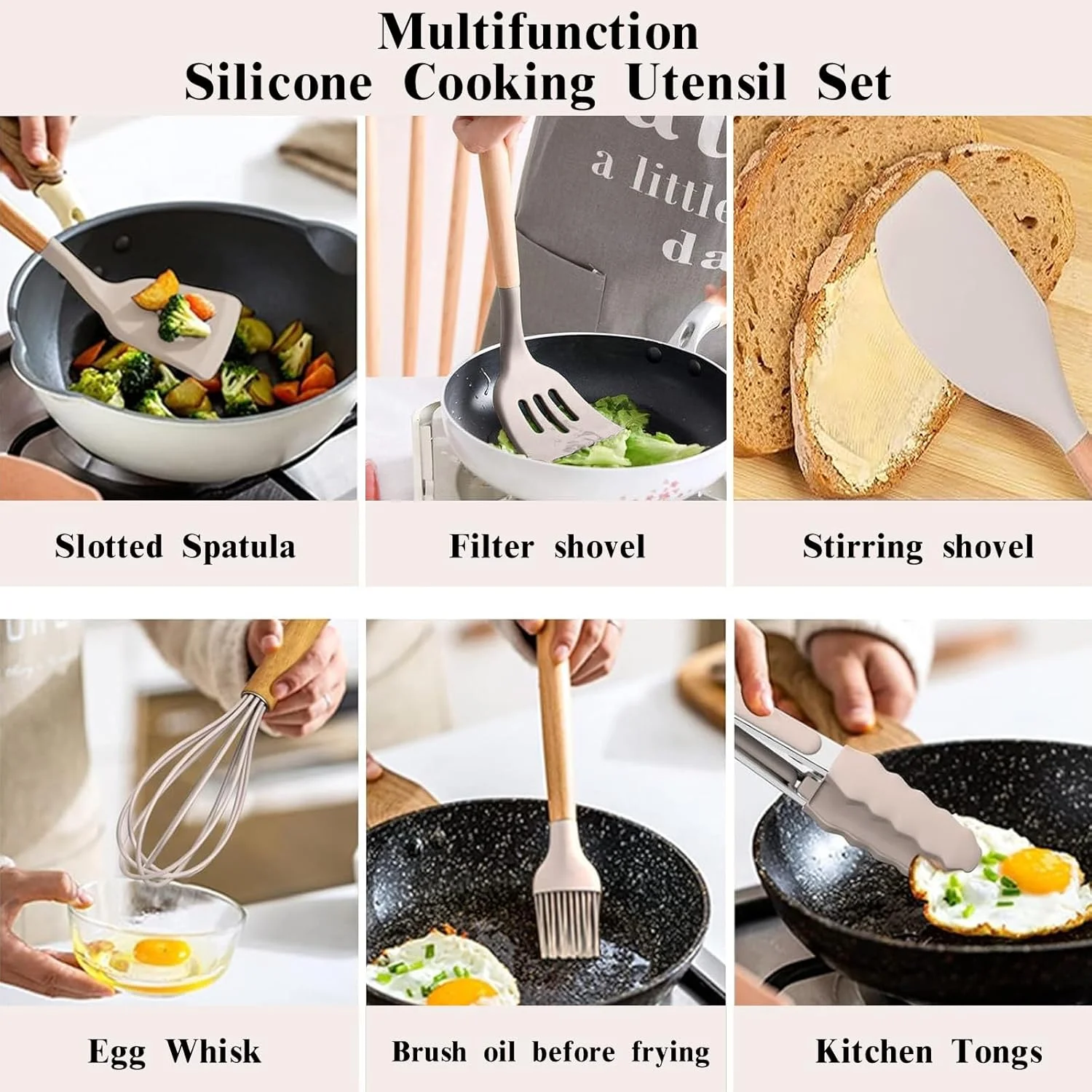 ست لوازم آشپزی آشپزخانه آرکئوپتریکس، 46 تکه سیلیکونی نچسب شامل کفگیر و ملاقه با پایه نگهدارنده، دسته چوبی مقاوم در برابر حرارت (خاکی) ست لوازم آشپزی آشپزخانه آرکئوپتریکس، 46 تکه سیلیکونی نچسب شامل کفگیر و ملاقه با پایه نگهدارنده، دسته چوبی مقاوم در برابر حرارت (خاکی)