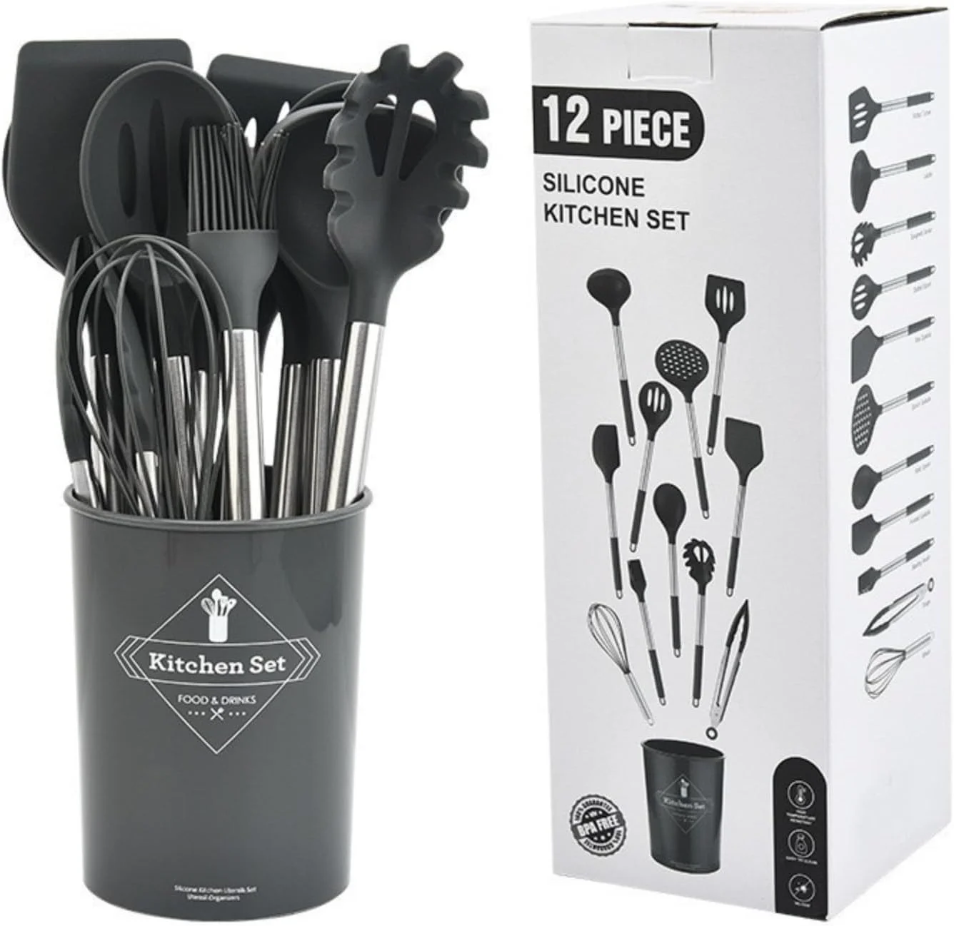 ست ظروف آشپزی سیلیکونی Awwal Home – ۱۲ تکه ابزار آشپزخانه مقاوم در برابر حرارت با دسته‌های چوبی و نگهدارنده، بدون BPA، ایمن برای نچسب، قابل شستشو در ماشین ظرفشویی – کفگیر، قاشق، برگردان برای خانه