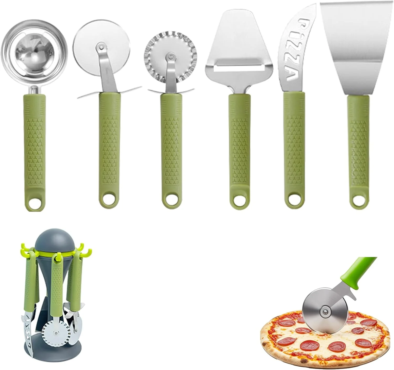 مجموعه ابزار پیتزا 6 تکه بیگ تری، مجموعه لوازم آشپزخانه، ابزار آشپزخانه استیل ضد زنگ، ابزار پیتزا، بیل پیتزا، به همراه پایه نگهدارنده، لوازم ضروری آشپزخانه و رستوران