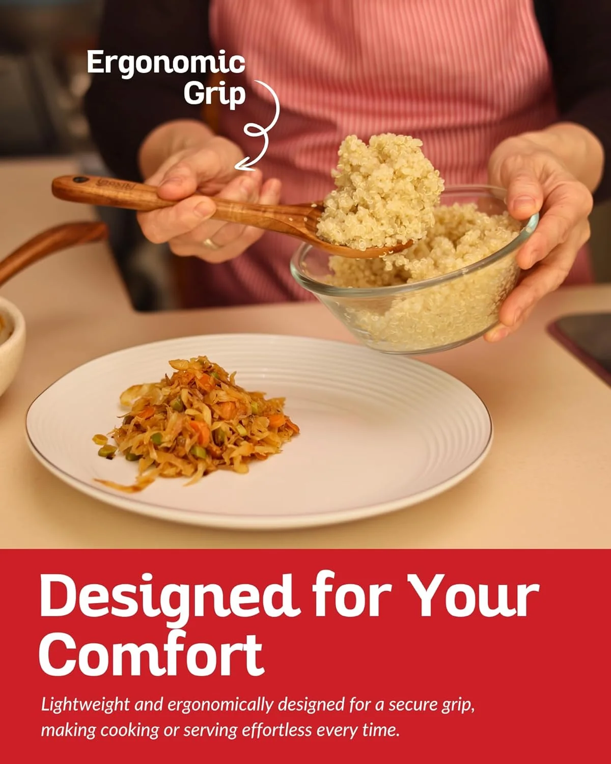 ست ۶ عددی قاشق چوبی آشپزی Boxiki Kitchen - ست بادوام و با پرداخت صاف از جنس چوب ساج - ست قاشق و کفگیر نچسب برای استفاده روزمره