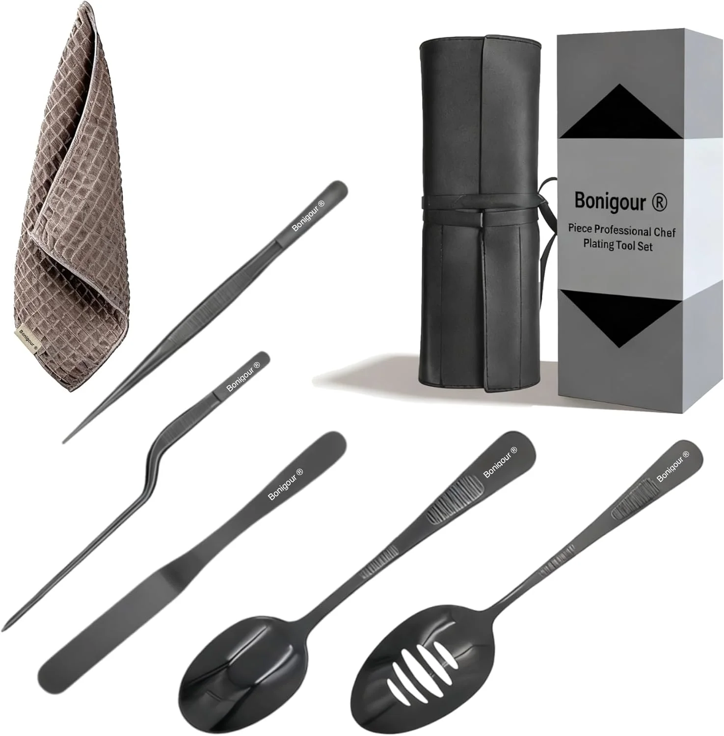 ست ابزار دیزاین غذا، ست 6 تکه حرفه ای، ابزار دیزاین سرآشپز، کفگیر، موچین برای هنر مدرن غذا، مشکی، ابزار آشپزی (مشکی)
