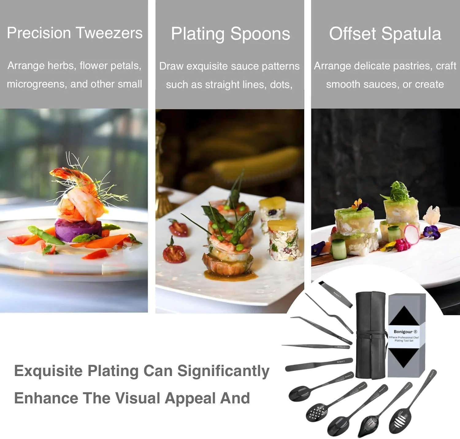 ست ابزار دیزاین غذا | ست ۱۱ تکه حرفه ای سرآشپز | ابزار دیزاین آشپزخانه | هنر مدرن آشپزی | استیل ضد زنگ (مشکی)