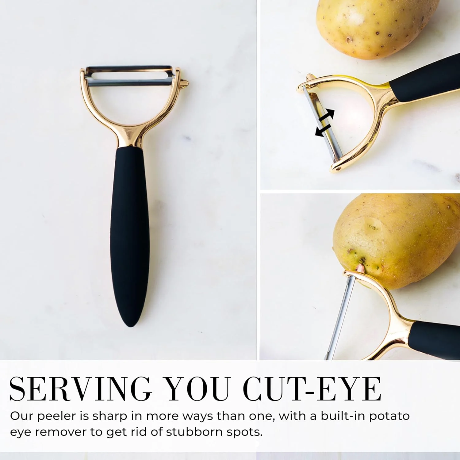 ست لوازم آشپزخانه مشکی و طلایی - ست 8 تکه لوکس طلایی شامل درب بازکن، برش پیتزا، پوست کن، مینی ویسک و انبر - لوازم جانبی شیک برای آشپزی مدرن و ایده آل برای هدیه دادن