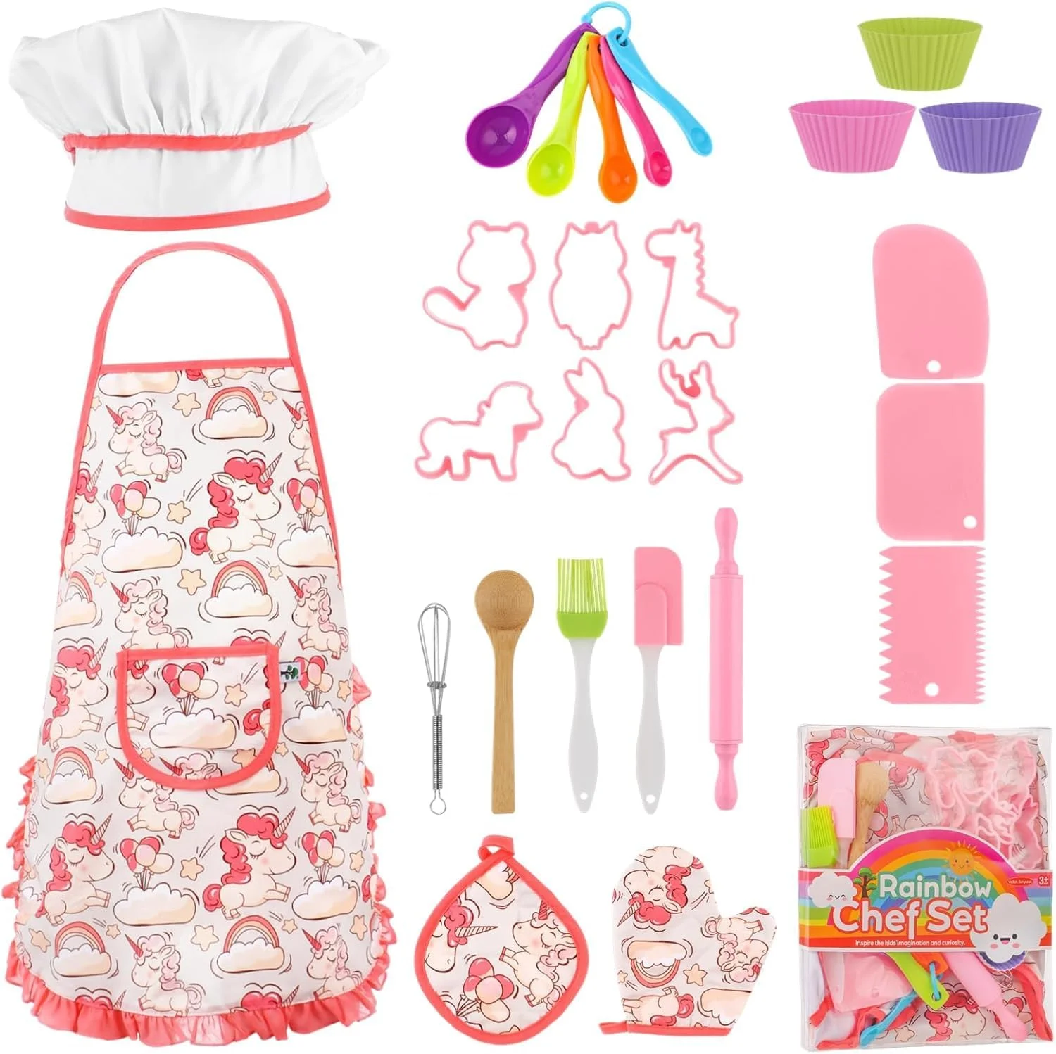 مجموعه آشپزی و شیرینی پزی کودکان آزونی، مجموعه لباس سرآشپز 26 تکه با پیش بند کودکانه، کلاه سرآشپز، تمام ابزار آشپزی واقعی و لوازم شیرینی پزی، مجموعه بازی نقش آفرینی لباس سرآشپز لوازم آشپزخانه برای دختران