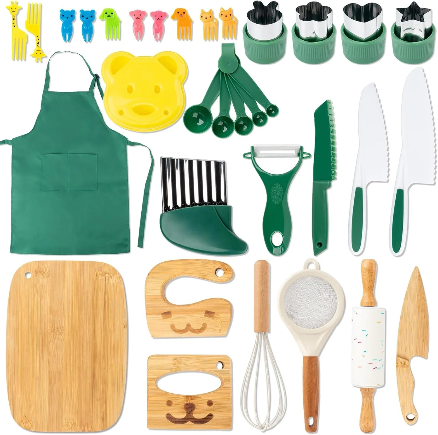 ست چاقوی ایمن کودک برای آشپزی واقعی، ابزار آشپزخانه مونته سوری برای کودکان نوپا، ست آشپزی و پخت با برش چین دار و پیش بند برای دختران و پسران