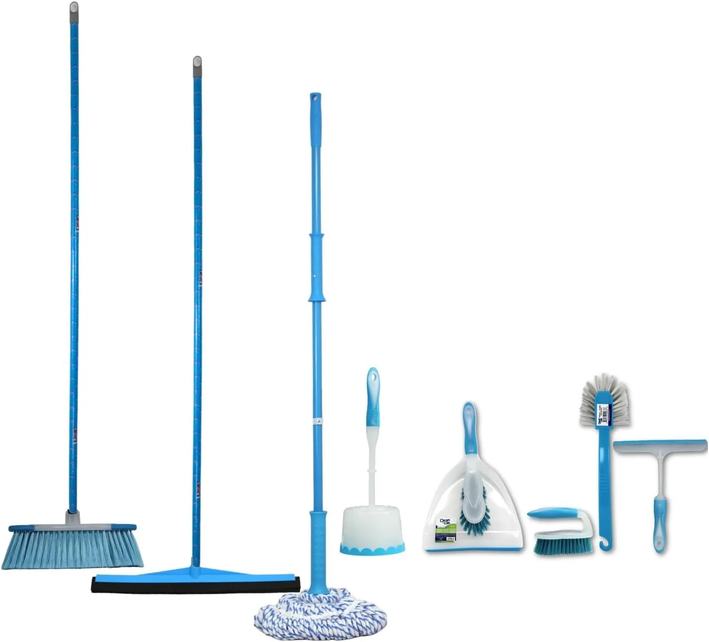 مجموعه ۷ تکه ابزار نظافت همه کاره Clean & Care برای آشپزخانه، منزل، حمام شامل تی چرخشی، جارو و تیغه لاستیکی با دسته چوبی، خاک انداز با برس، فرچه، برس توالت، تیغه لاستیکی پنجره