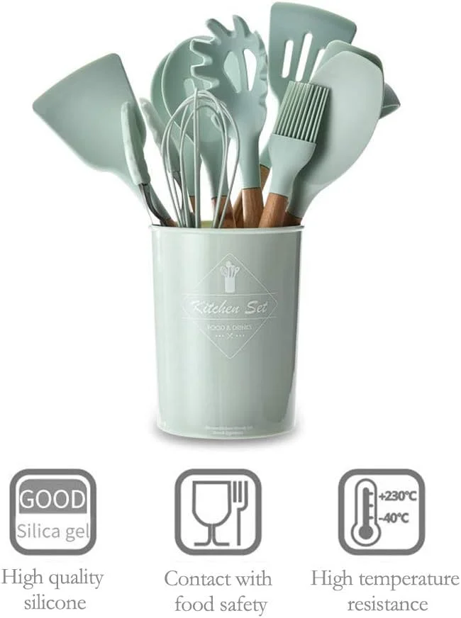 ست ۱۱ تکه ابزار آشپزی سیلیکونی با دسته چوبی بامبو مناسب ظروف نچسب ست ۱۱ تکه ابزار آشپزی سیلیکونی با دسته چوبی بامبو مناسب ظروف نچسب