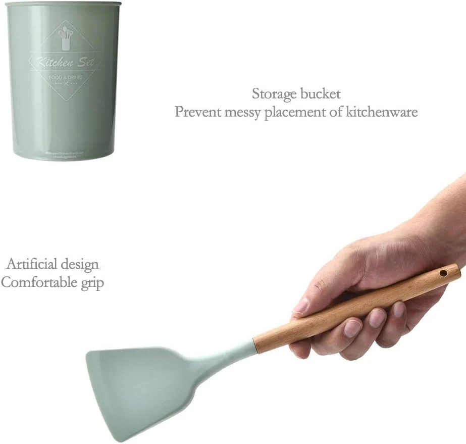 ست ۱۱ تکه ابزار آشپزی سیلیکونی با دسته چوبی بامبو مناسب ظروف نچسب ست ۱۱ تکه ابزار آشپزی سیلیکونی با دسته چوبی بامبو مناسب ظروف نچسب