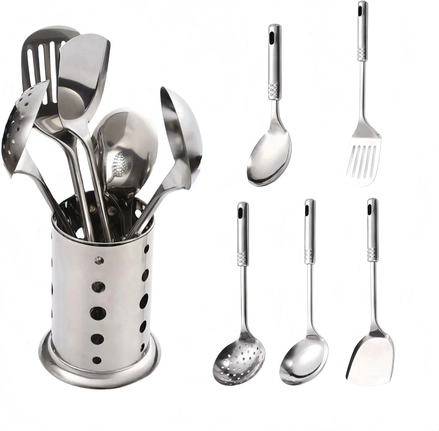 ست ۶ تکه ابزار آشپزی، ست ابزار آشپزخانه استیل ضد زنگ شامل قاشق شکاف دار، کفگیر شکاف دار، قاشق بزرگ، ملاقه سوپ، کفگیر و یک سطل نگهداری