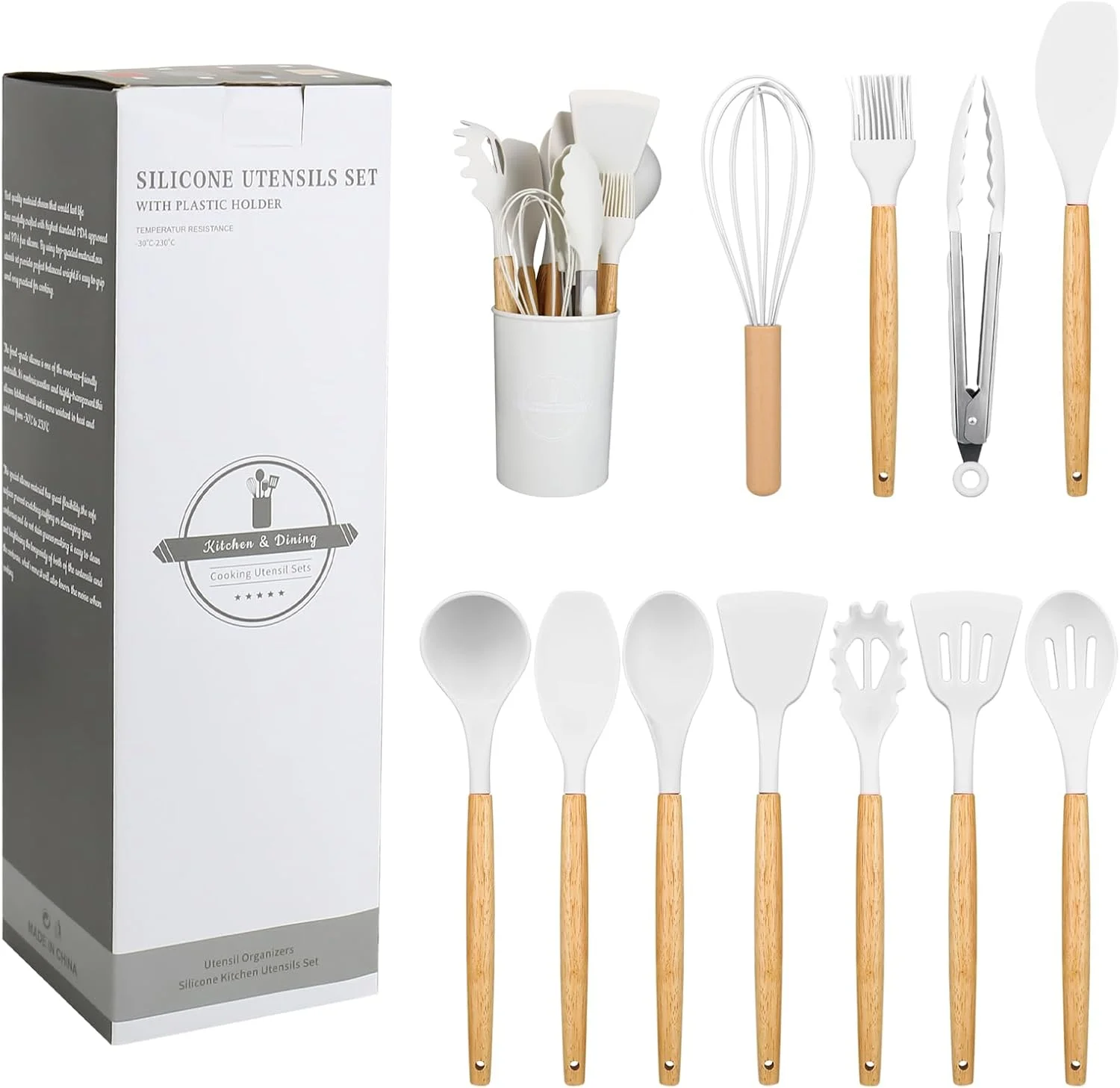 ست لوازم آشپزی سیلیکونی ۱۲ پارچه با دسته چوبی، قاشق های آشپزی نچسب، ست لوازم آشپزی سیلیکونی مقاوم در برابر حرارت (سفید) ست لوازم آشپزی سیلیکونی ۱۲ پارچه با دسته چوبی، قاشق های آشپزی نچسب، ست لوازم آشپزی سیلیکونی مقاوم در برابر حرارت (سفید)