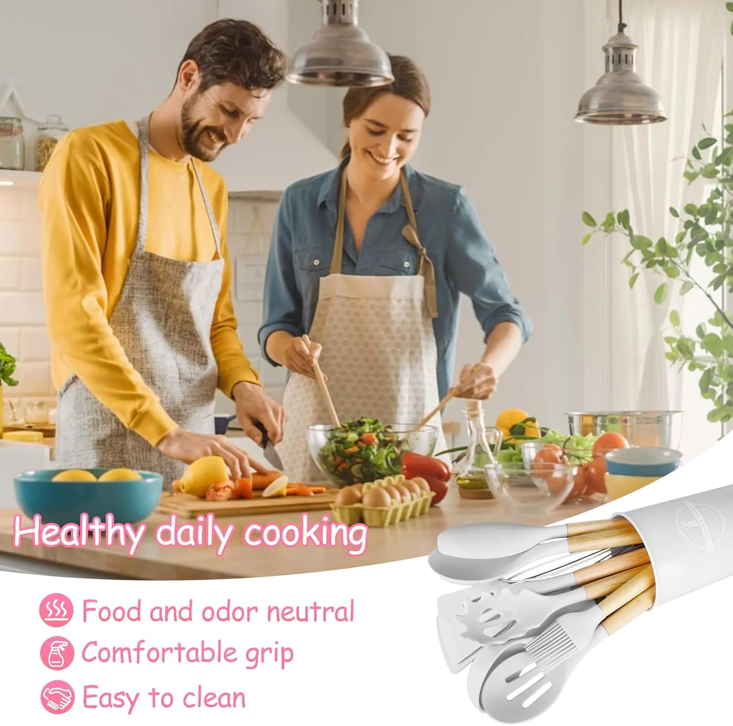 ست لوازم آشپزی سیلیکونی ۱۲ پارچه با دسته چوبی، قاشق های آشپزی نچسب، ست لوازم آشپزی سیلیکونی مقاوم در برابر حرارت (سفید) ست لوازم آشپزی سیلیکونی ۱۲ پارچه با دسته چوبی، قاشق های آشپزی نچسب، ست لوازم آشپزی سیلیکونی مقاوم در برابر حرارت (سفید)