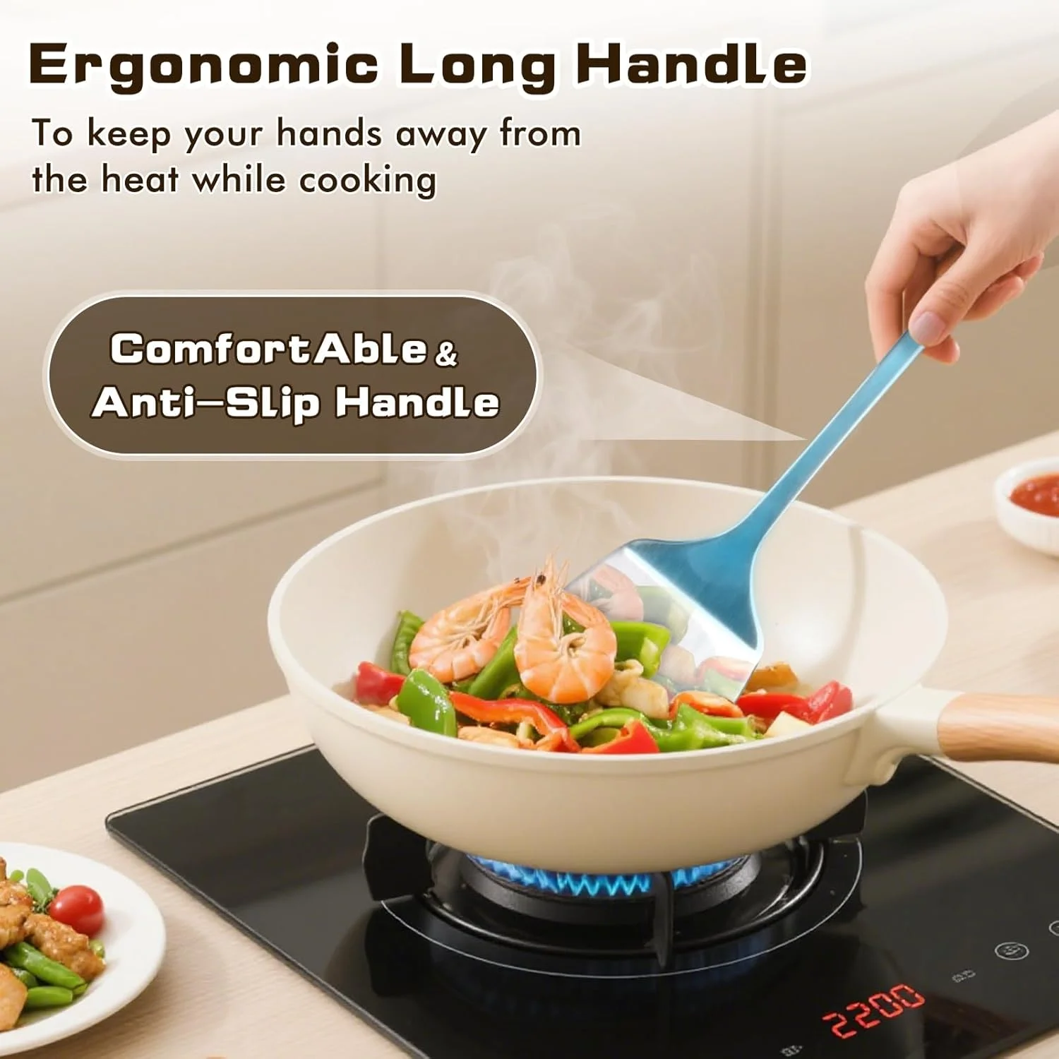 ست ۴ تکه ابزار آشپزی، ابزار آشپزخانه استیل ضد زنگ، شامل کفگیر و کاردک شیاردار، قاشق سرو، دسته ارگونومیک، تمیز کردن آسان، نقره ای