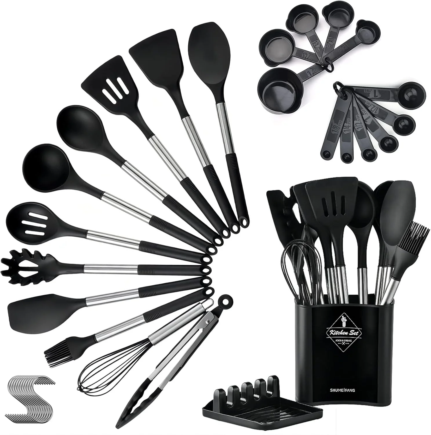 ست لوازم آشپزی ۳۴ تکه EYSOO، ابزار آشپزخانه سیلیکونی با پایه نگهدارنده، مناسب برای ظروف نچسب، مقاوم در برابر حرارت، ابزار کفگیر سیلیکونی با دسته استیل (مشکی)