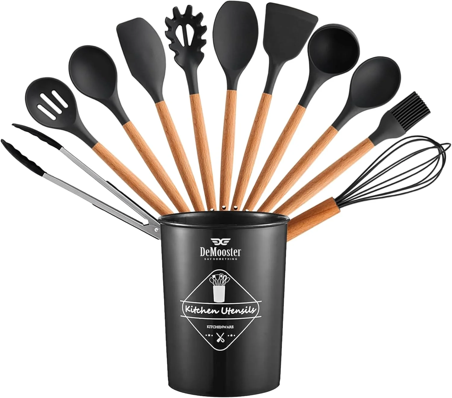 ست ابزار آشپزی سیلیکونی DeMooster – ۱۲ تکه ابزار آشپزخانه مقاوم در برابر حرارت با دسته‌های چوبی، نچسب و بدون BPA، شامل سطل نگهداری، ایده‌آل برای پخت و پز خانگی و ظروف نچسب