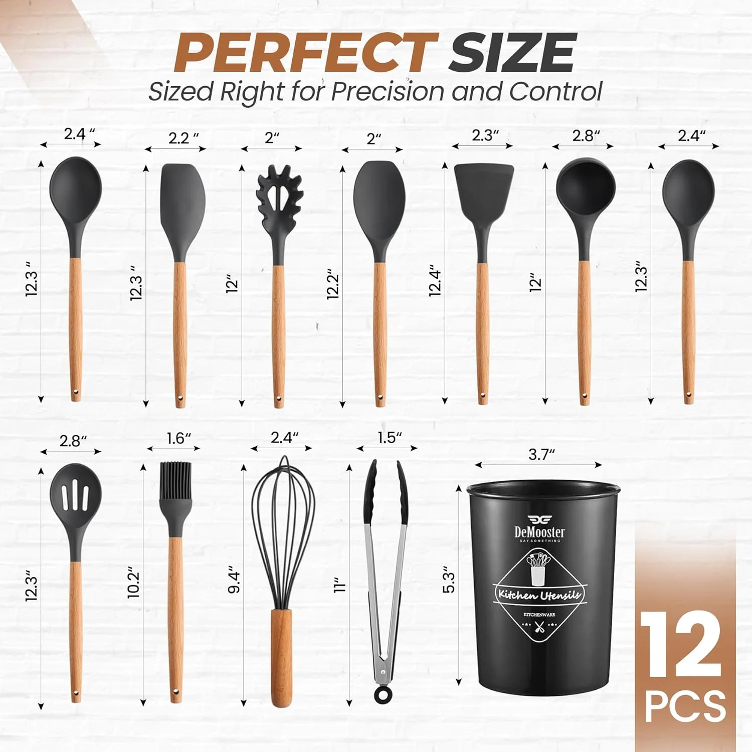 ست ابزار آشپزی سیلیکونی DeMooster – ۱۲ تکه ابزار آشپزخانه مقاوم در برابر حرارت با دسته‌های چوبی، نچسب و بدون BPA، شامل سطل نگهداری، ایده‌آل برای پخت و پز خانگی و ظروف نچسب