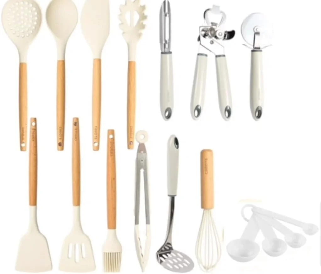 ست ۲۲ پارچه لوازم آشپزخانه سیلیکونی با کیفیت عالی DRAWERKITCH | نچسب، مقاوم در برابر حرارت | دسته های چوبی | فاقد BPA، قابل شستشو در ماشین ظرفشویی | ایده آل برای پخت و پز