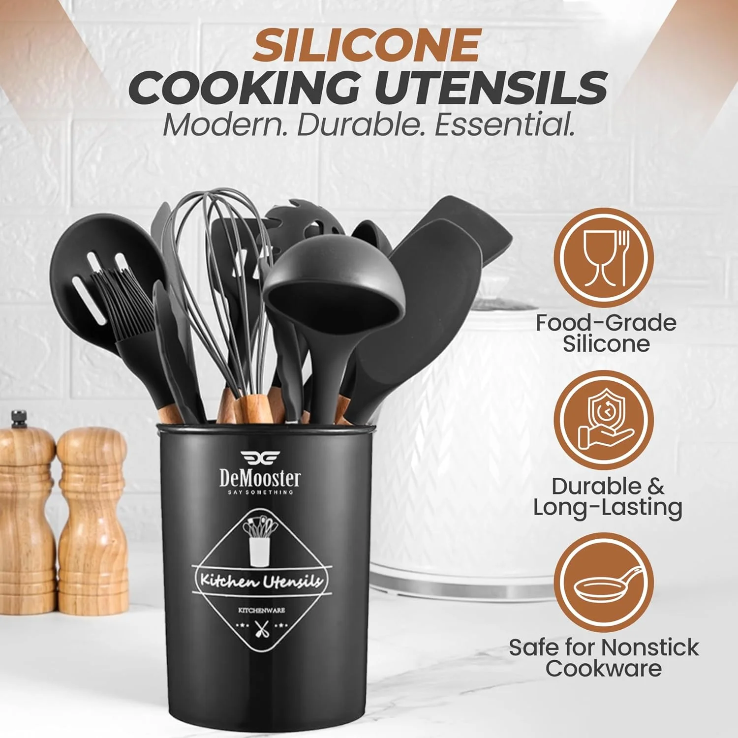 ست ابزار آشپزی سیلیکونی DeMooster – ۱۲ تکه ابزار آشپزخانه مقاوم در برابر حرارت با دسته‌های چوبی، نچسب و بدون BPA، شامل سطل نگهداری، ایده‌آل برای پخت و پز خانگی و ظروف نچسب