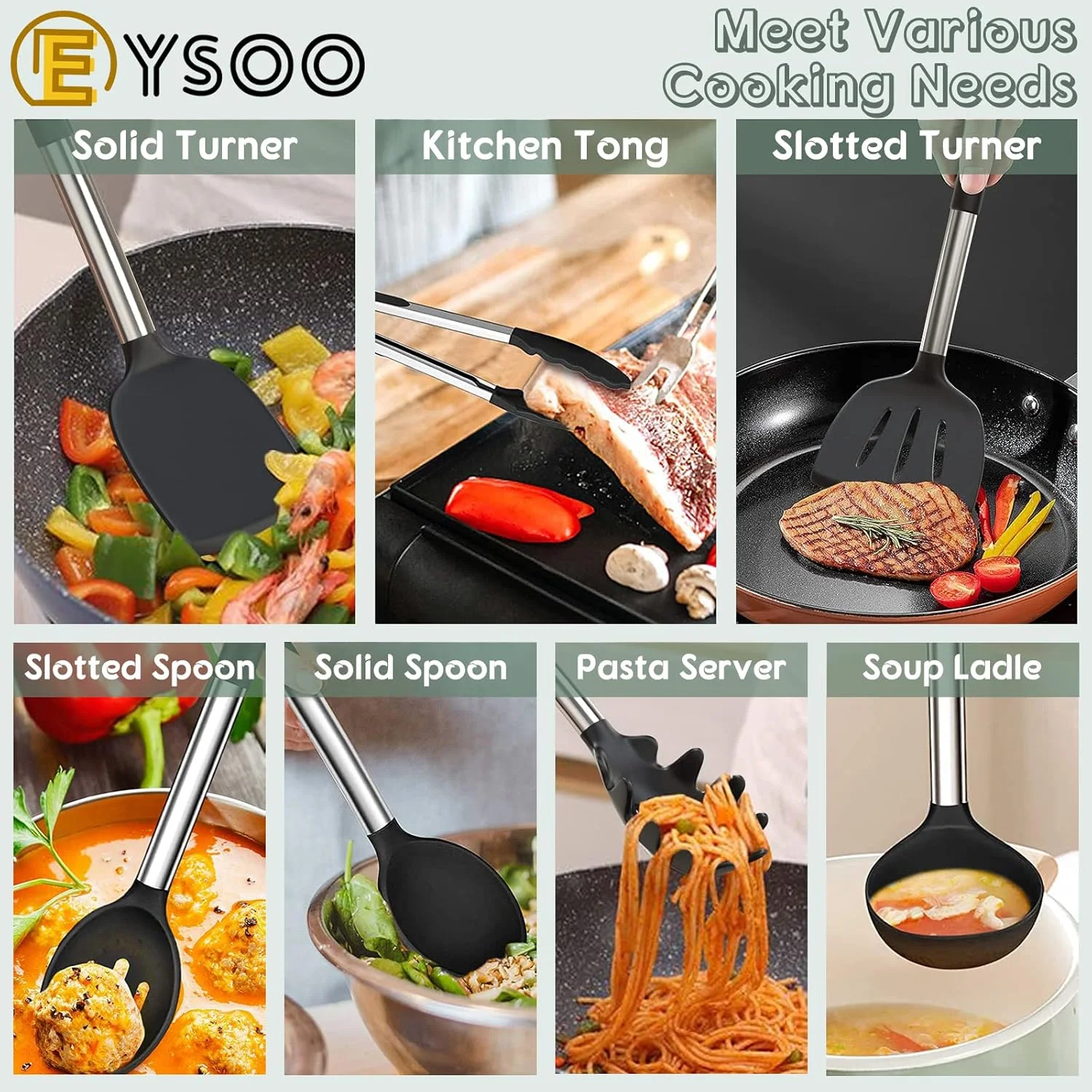 ست لوازم آشپزی ۳۴ تکه EYSOO، ابزار آشپزخانه سیلیکونی با پایه نگهدارنده، مناسب برای ظروف نچسب، مقاوم در برابر حرارت، ابزار کفگیر سیلیکونی با دسته استیل (مشکی)